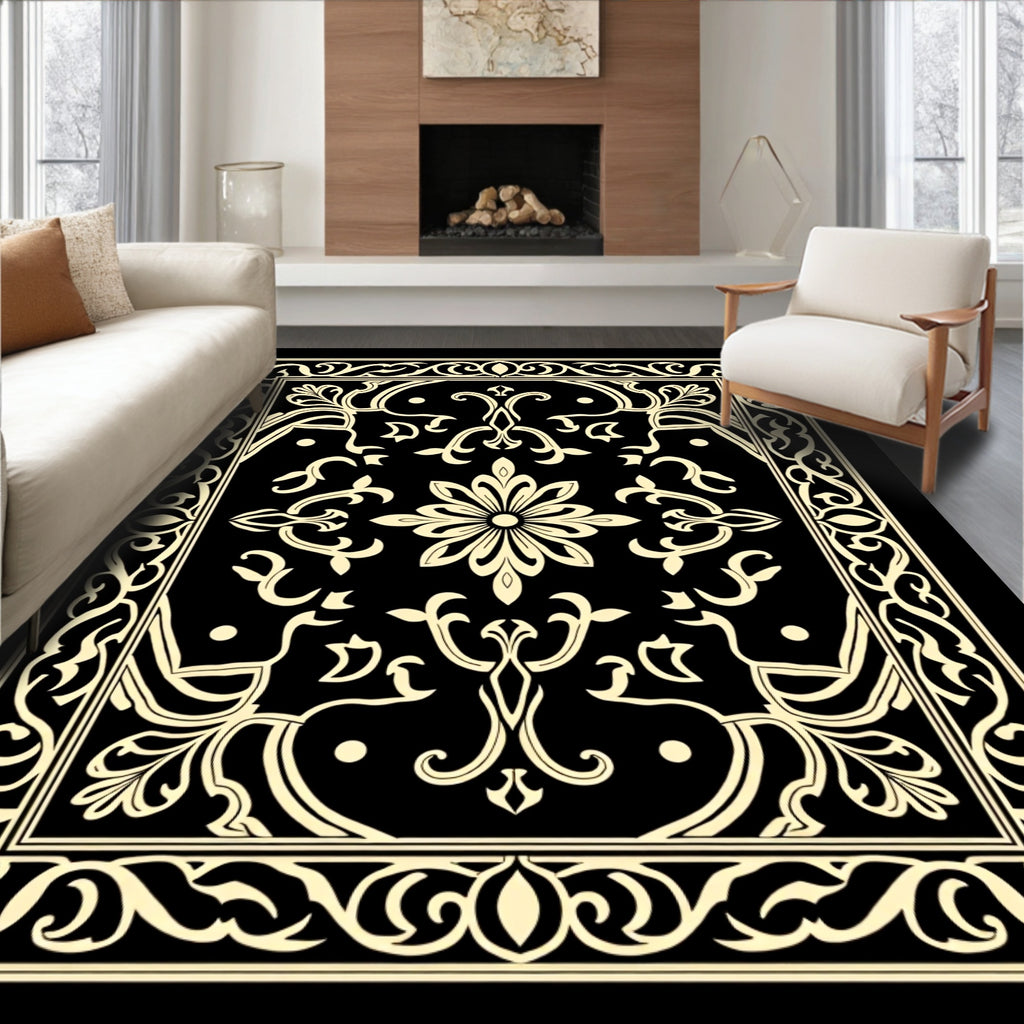 Ornate Black Ivory Floral Scroll Rug
