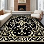 Ornate Black Ivory Floral Scroll Rug