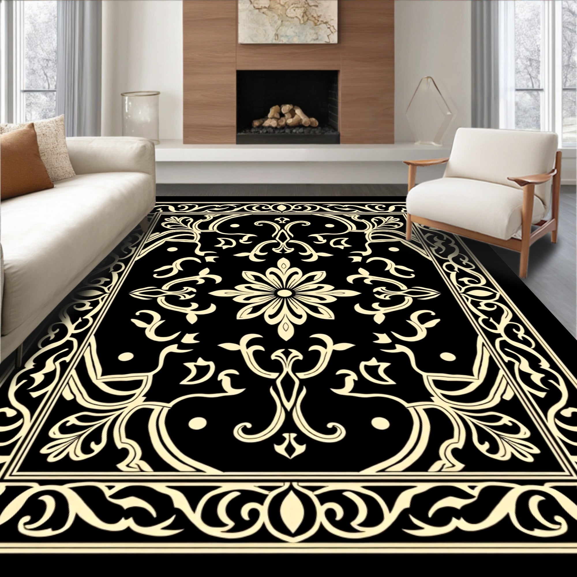Ornate Black Ivory Floral Scroll Rug