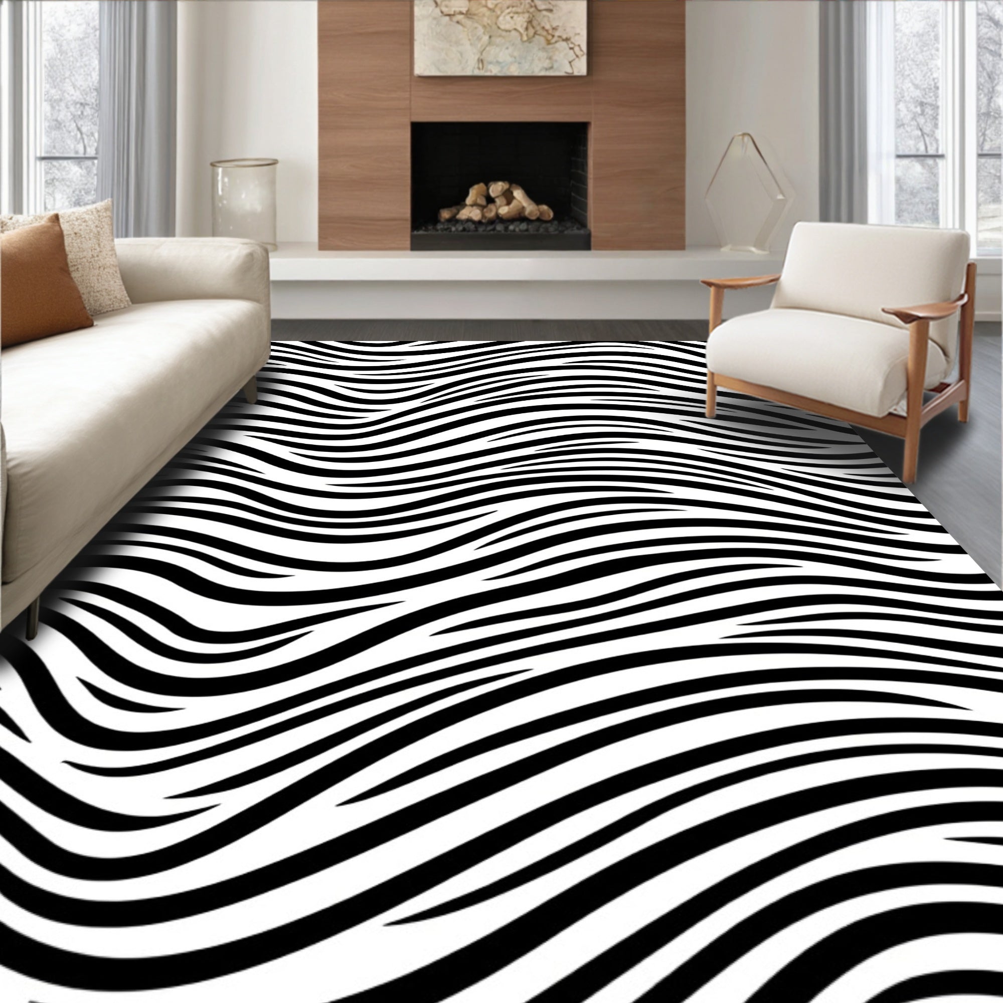 Black White Wavy Stripe Rug