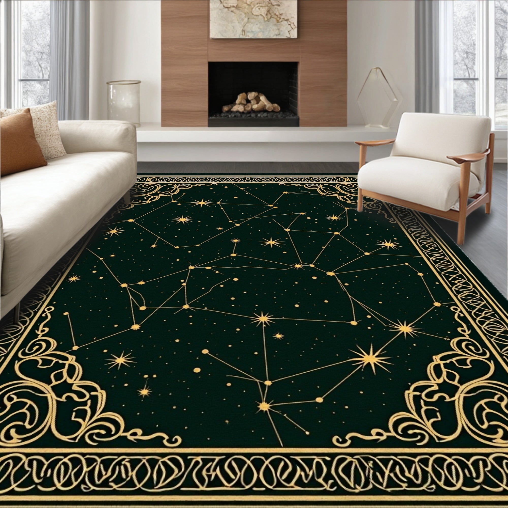 Cosmic Dark Green Constellation Swirl Rug
