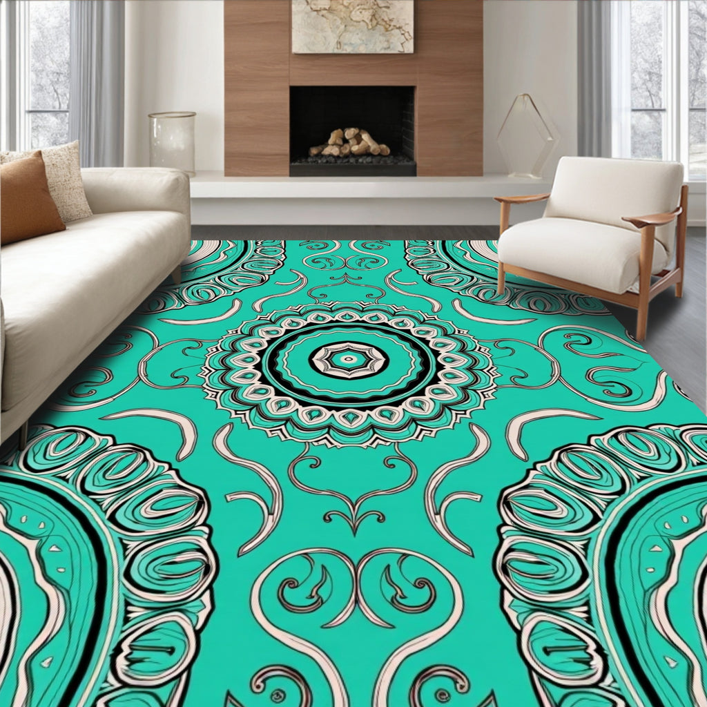 Teal Medallion Black and Cream Whimsical Rug