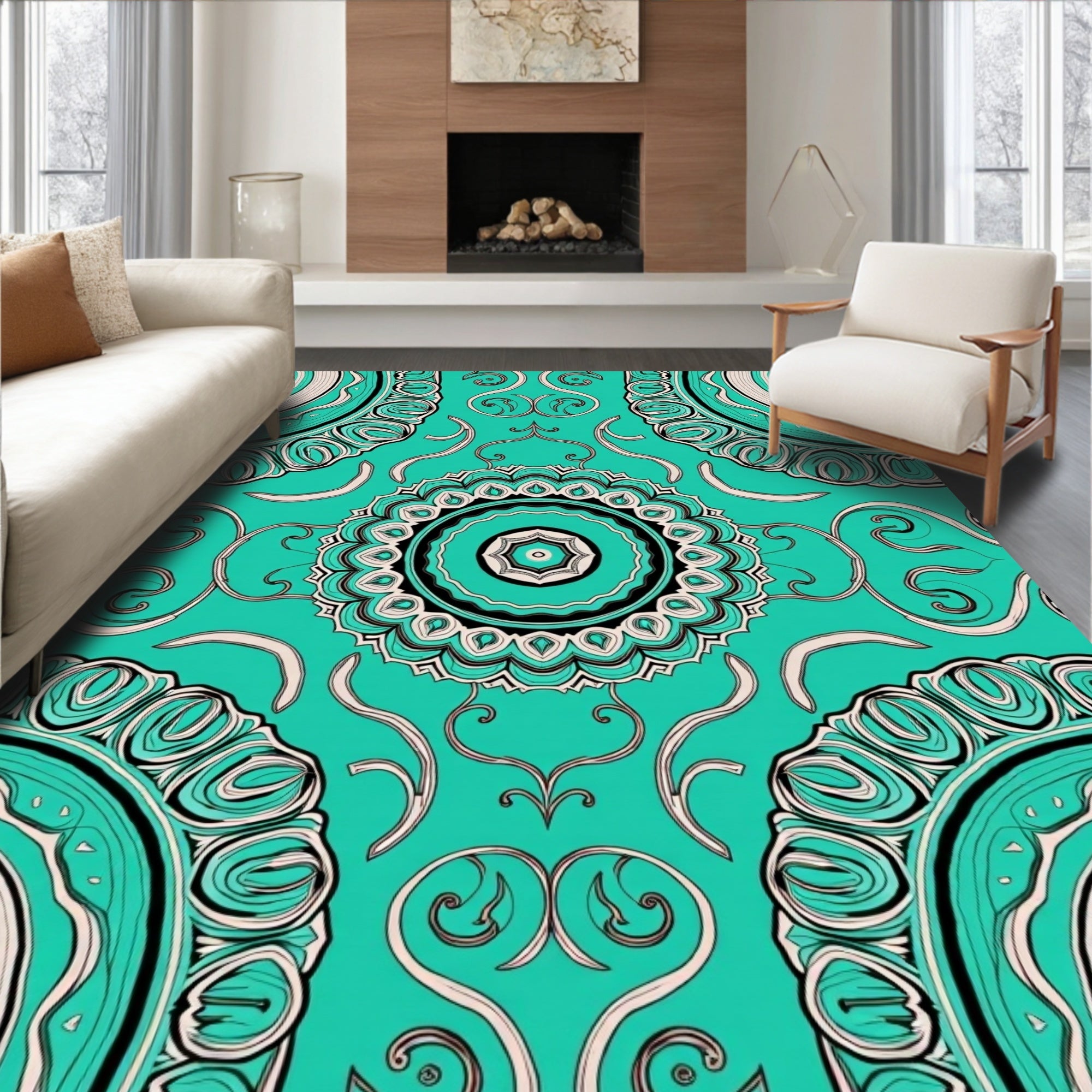 Teal Medallion Black and Cream Whimsical Rug