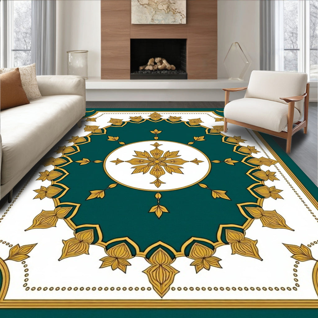 Teal Gold Medallion Floral Border Rug