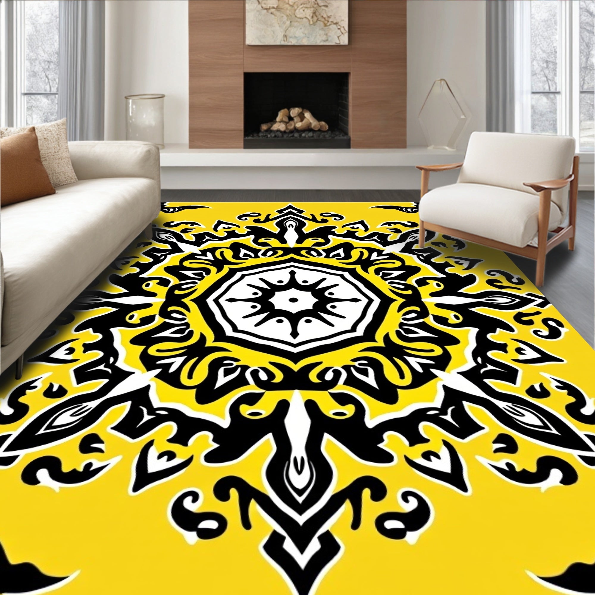 Vibrant Yellow Black Medallion Splatter Rug