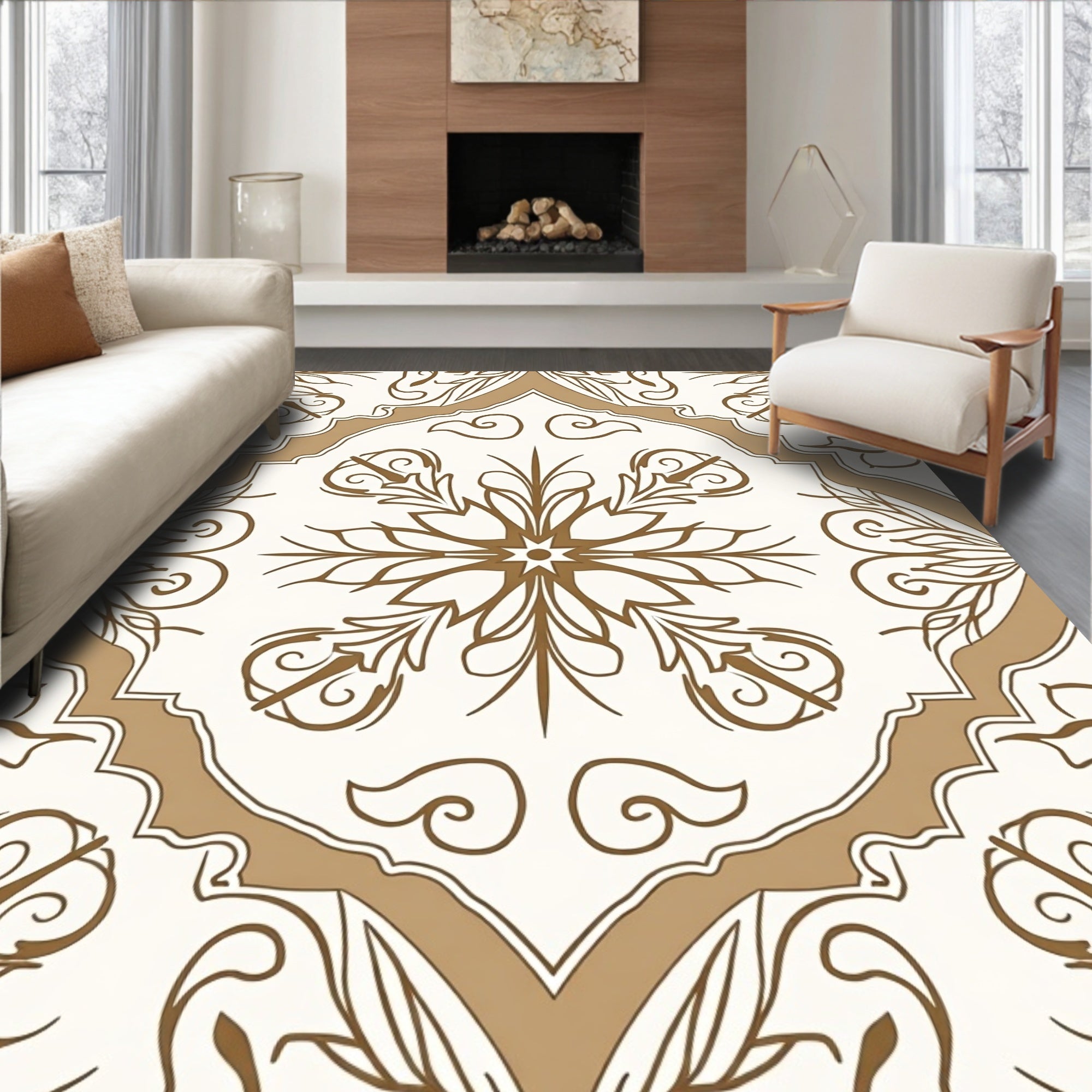 Ornate Golden Floral Medallion Rug