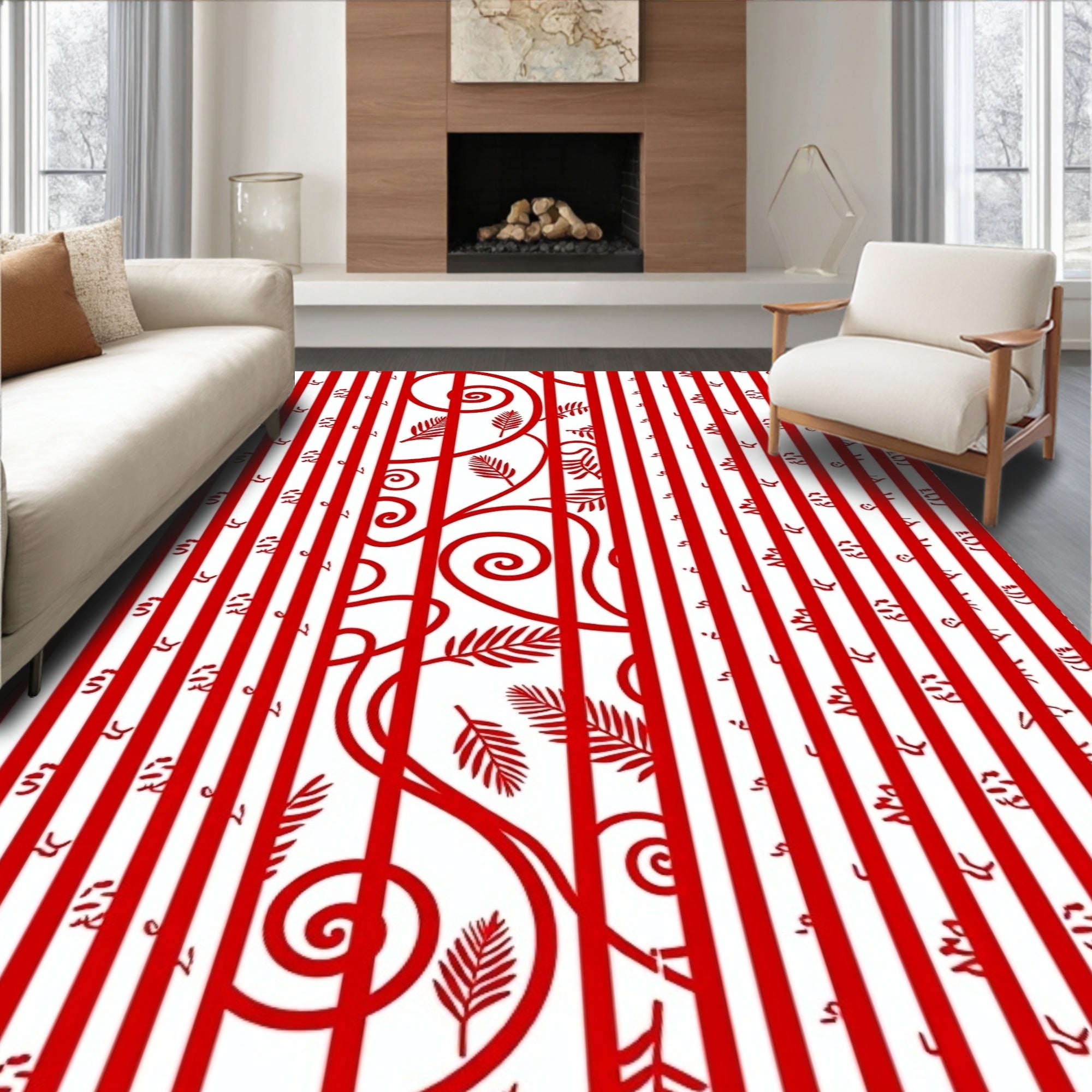 Red Striped Floral Swirl Rug