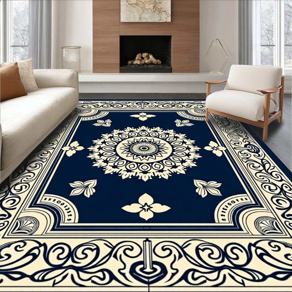 Classic Navy Floral Medallion Border Rug