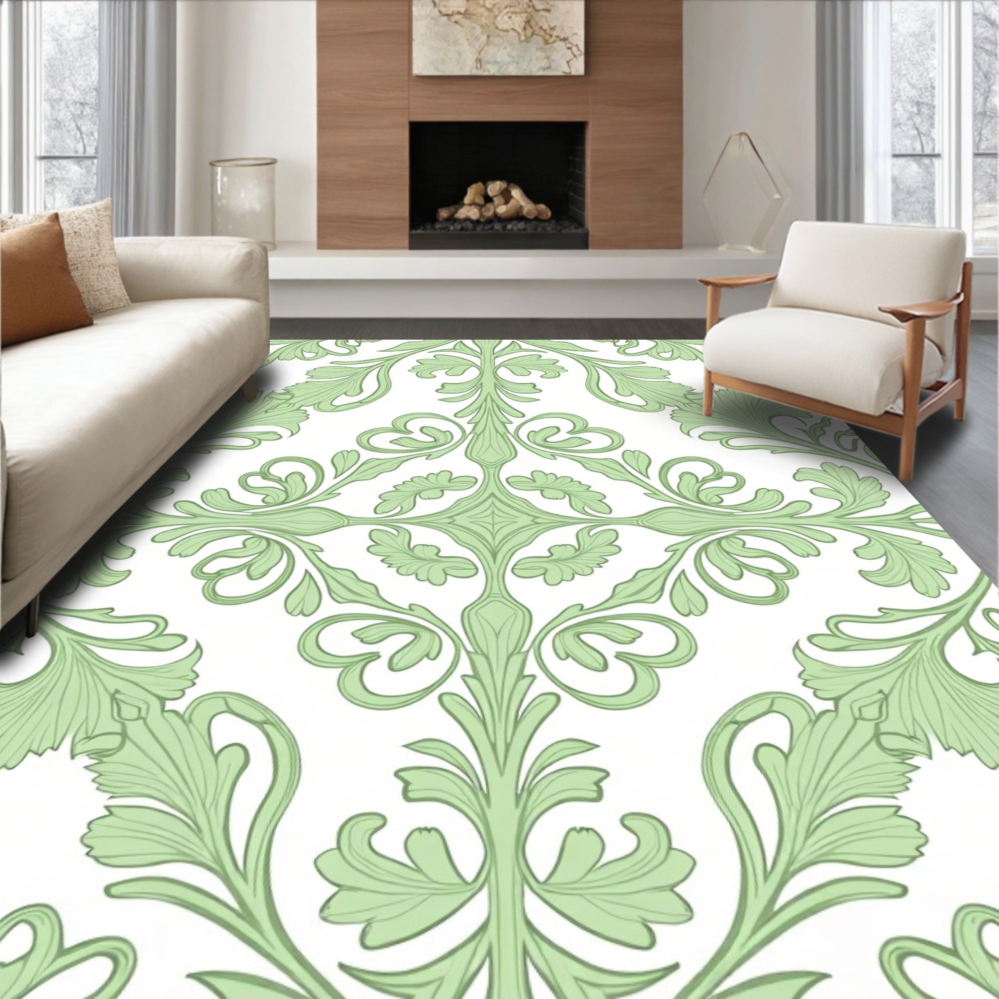 Pale Green Floral Vine Artwork Rug