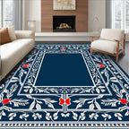 Navy White Red Floral Botanical Frame Rug