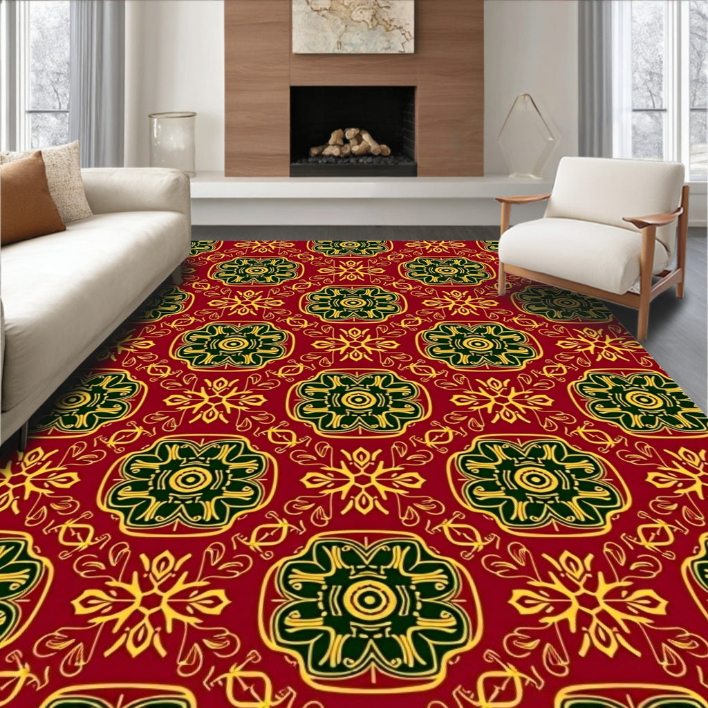 Deep Red Floral Medallion Yellow Background Rug