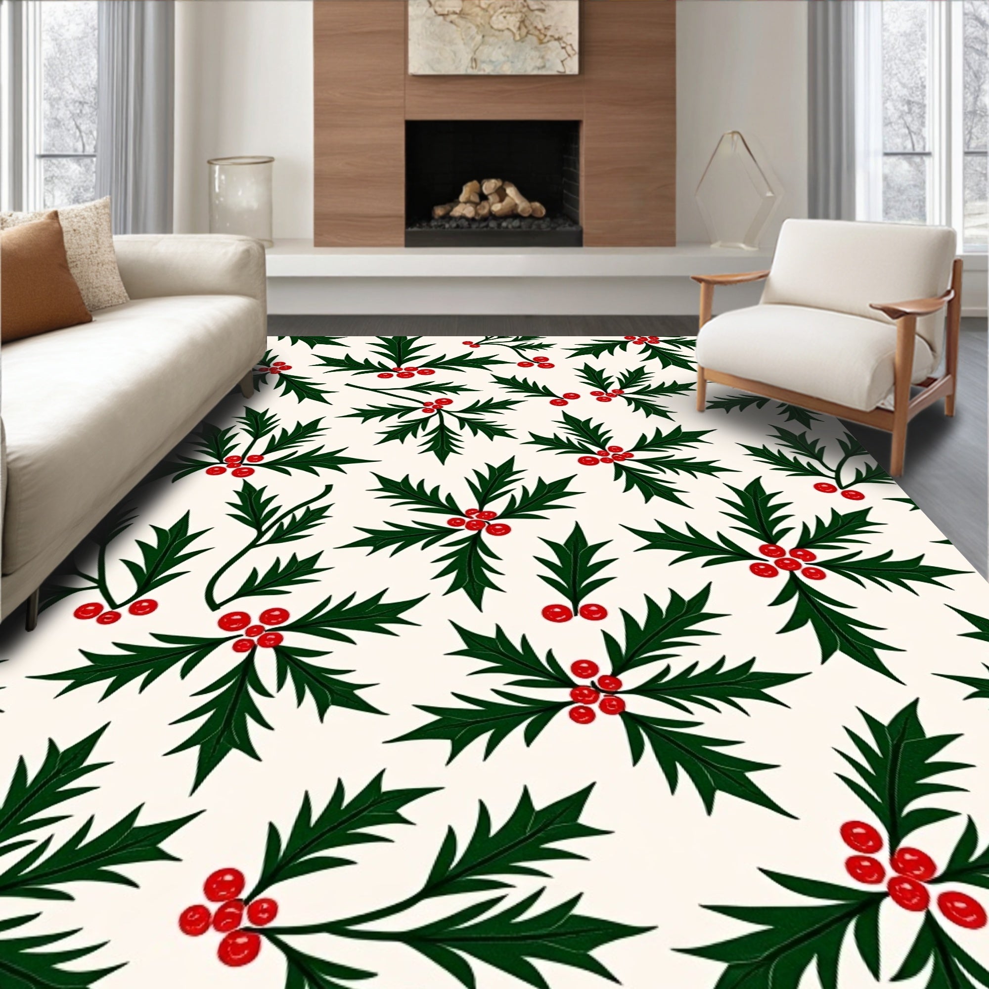 Classic Green Holly Berry Background Rug
