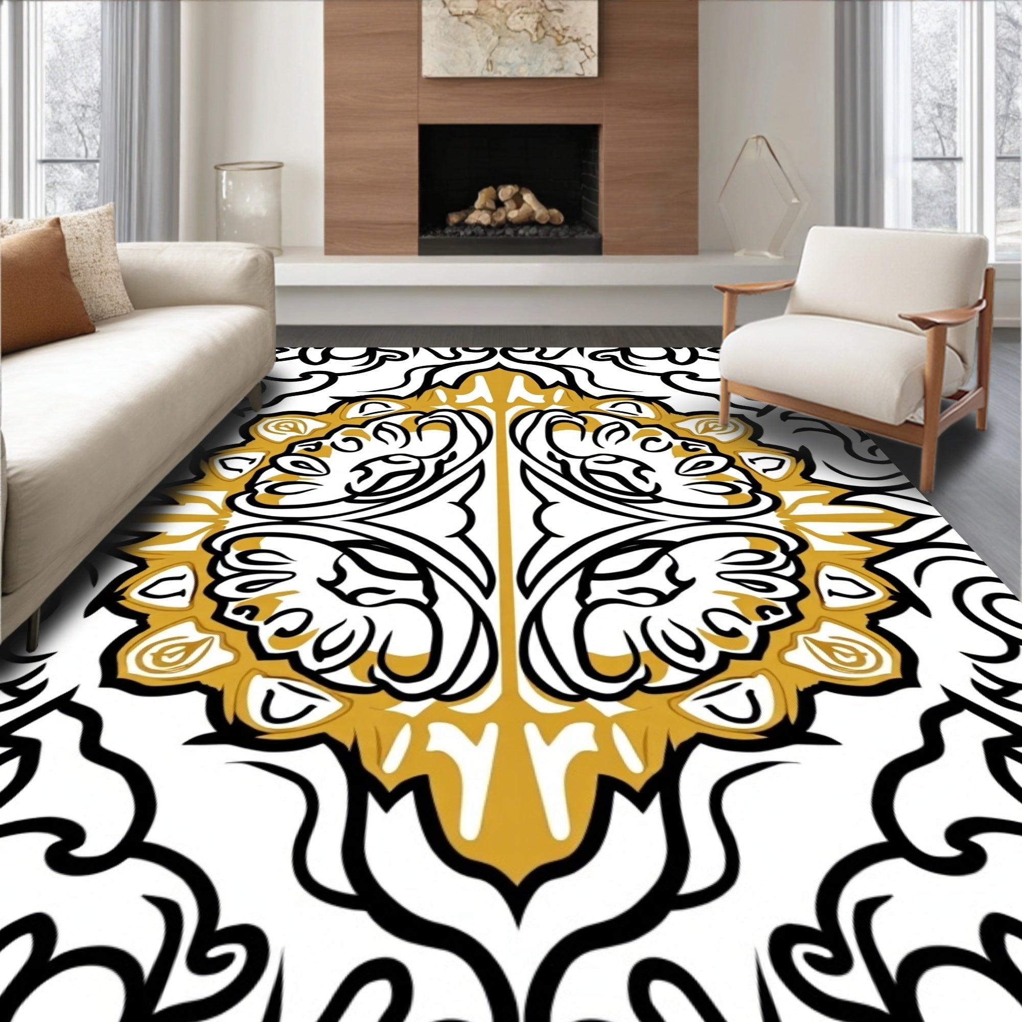 Gold and Black Symmetrical Floral Medallion Rug