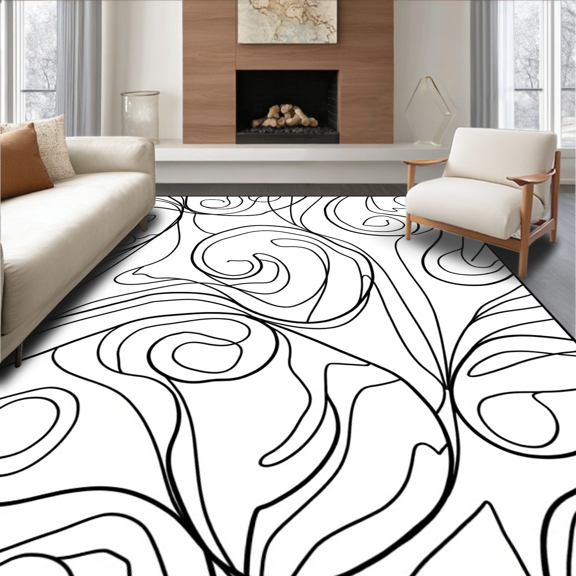 Elegant Black Swirls Flowing Vine Rug