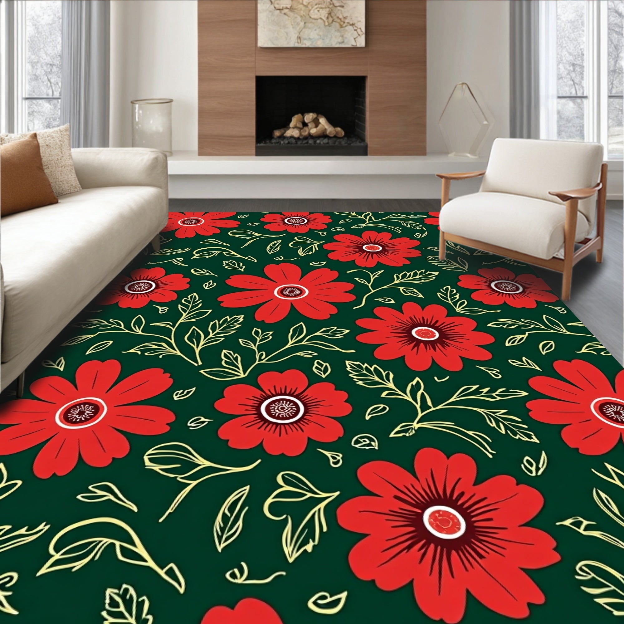 Vivid Red Crimson Floral Garden Rug