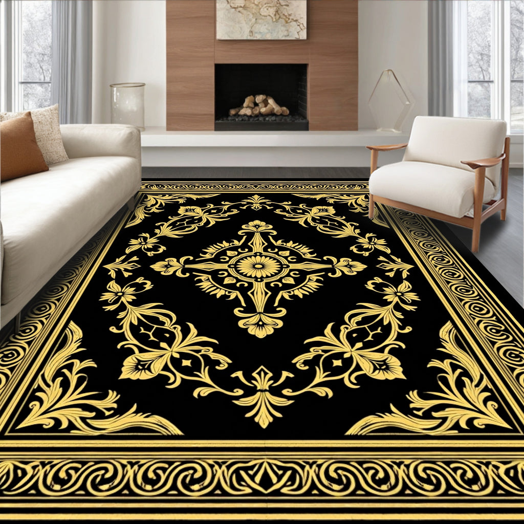 Black Golden Floral Medallion Filigree Rug
