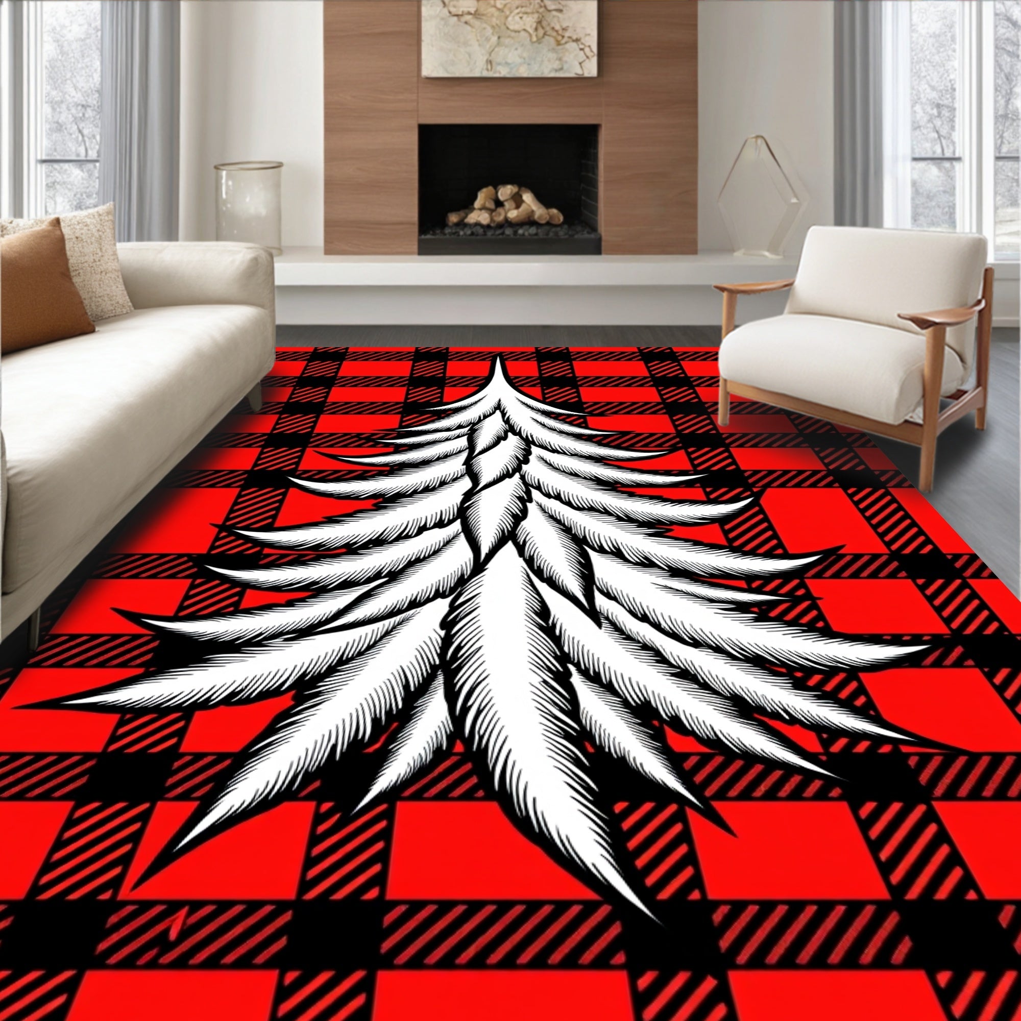 Red Black Buffalo Plaid Pine Tree Rug