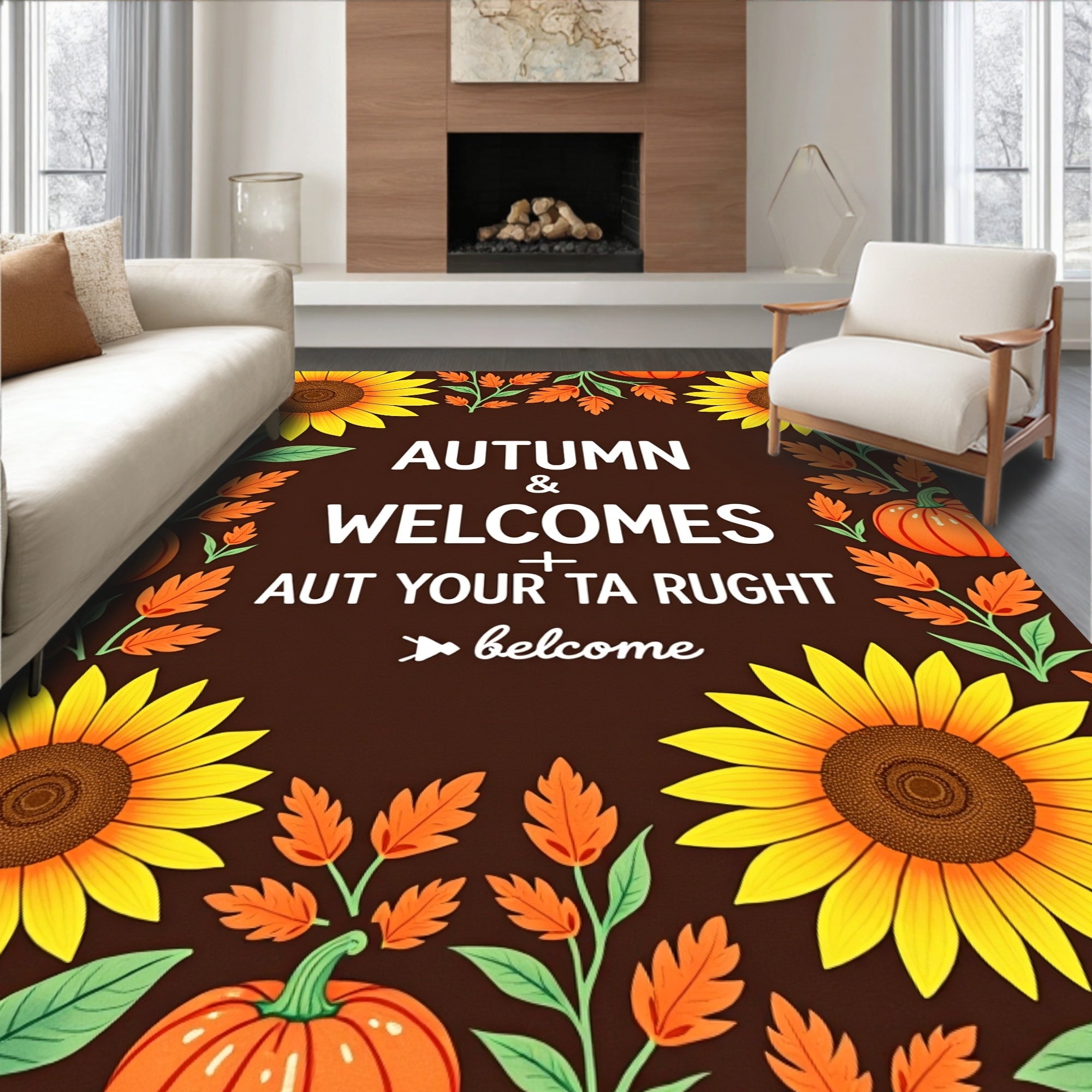 Autumn Sunflowers Pumpkins Leafy Border Rug