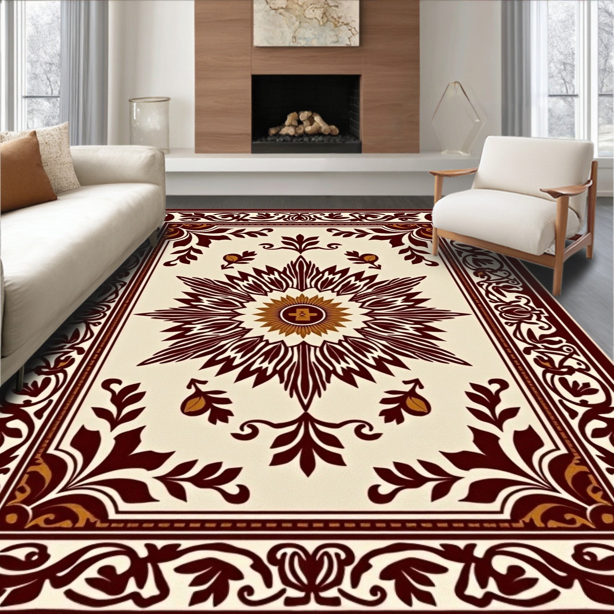 Crimson Floral Sunburst Border Rug