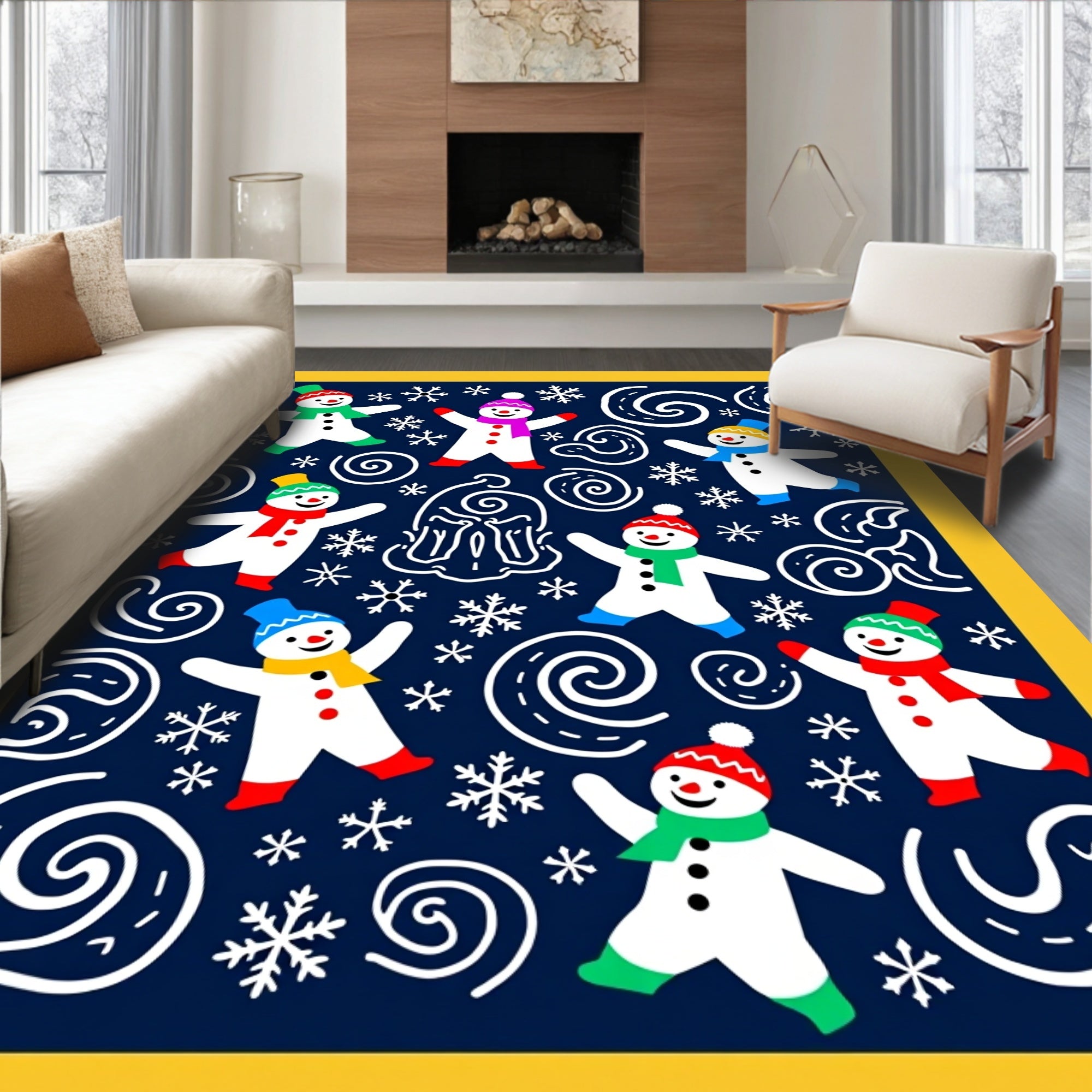 Playful Snowman Scarf Hat Swirls Rug