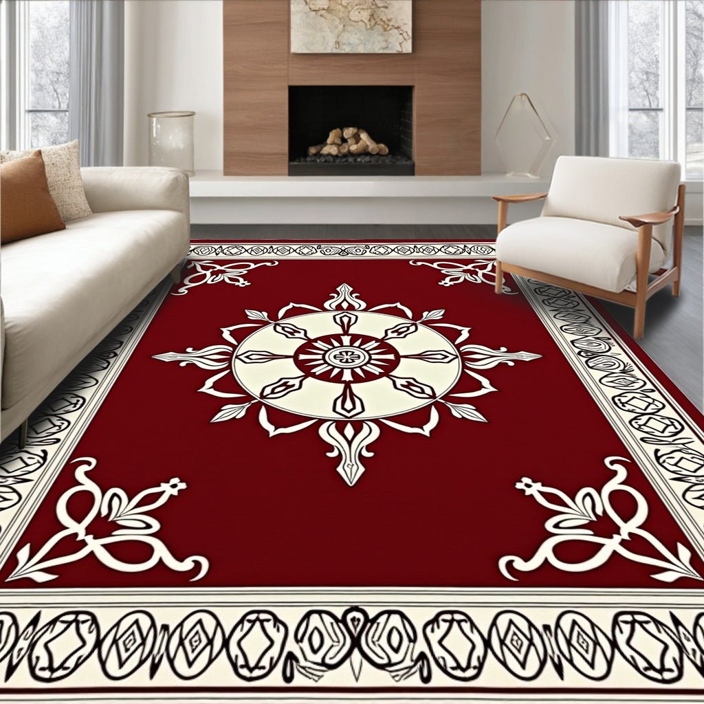Crimson Ivory Mandala Floral Border Rug