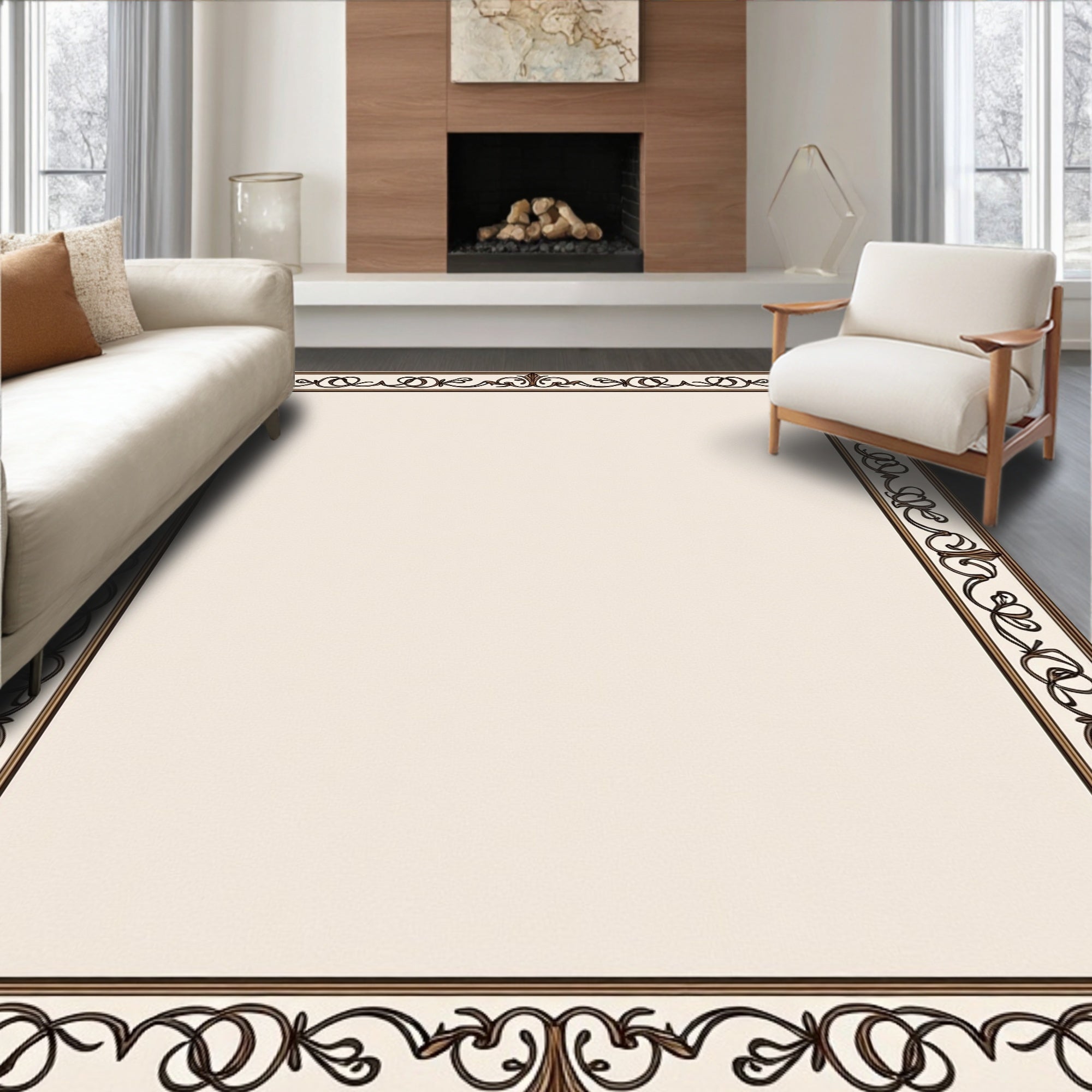 Ornate Scrollwork Cream Border Rug