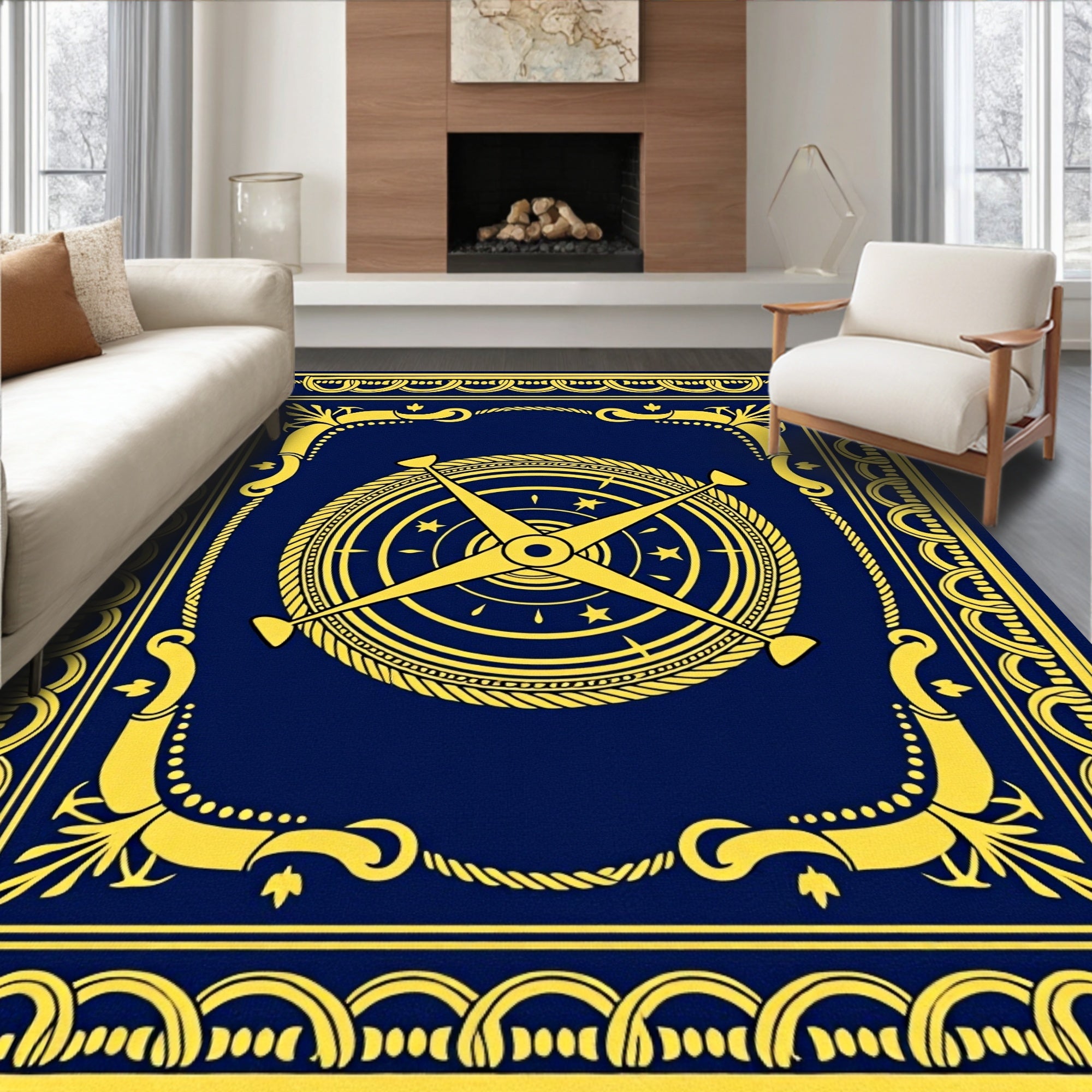 Navy Blue Golden Compass Medallion Rug