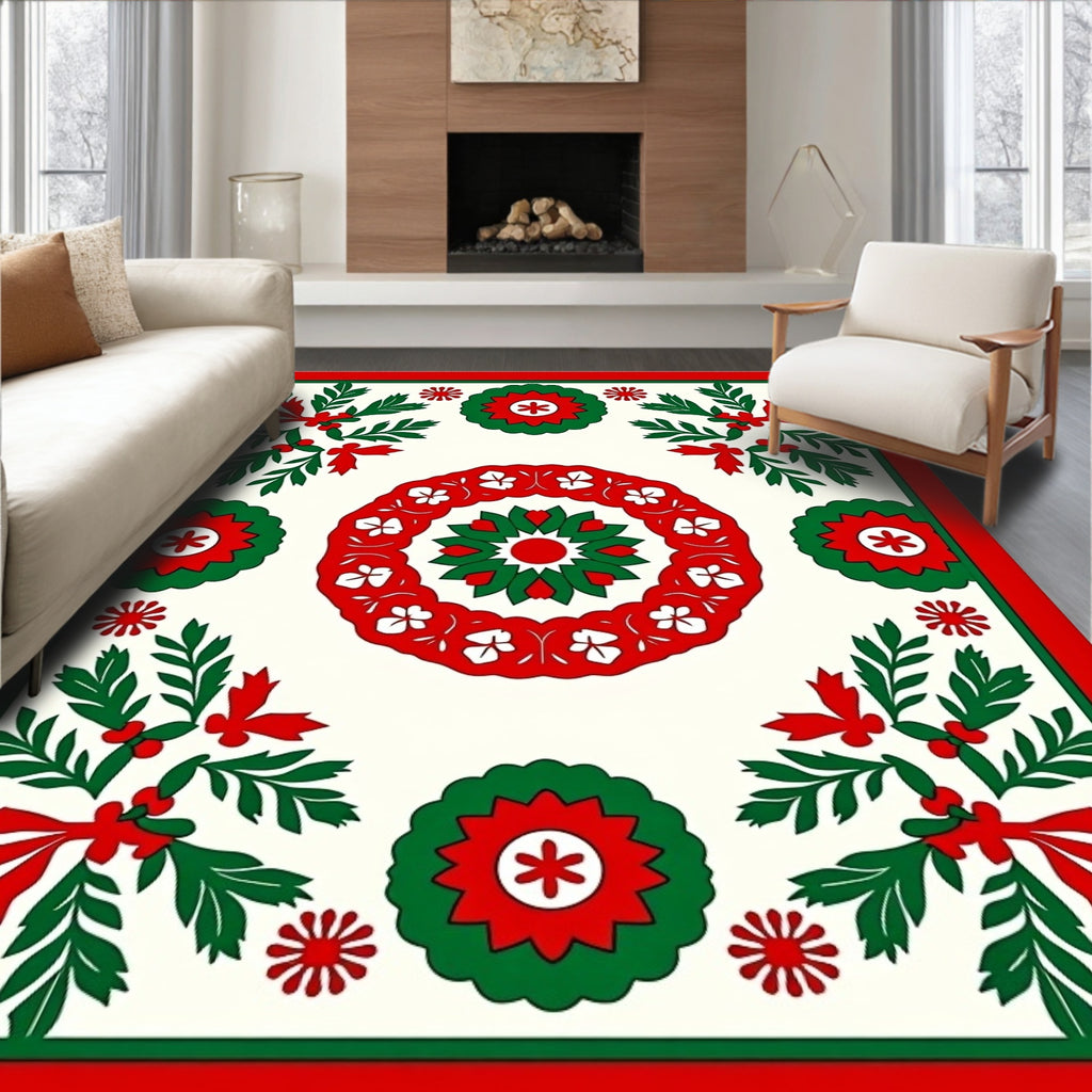 Crimson Green Festive Floral Medallion Rug