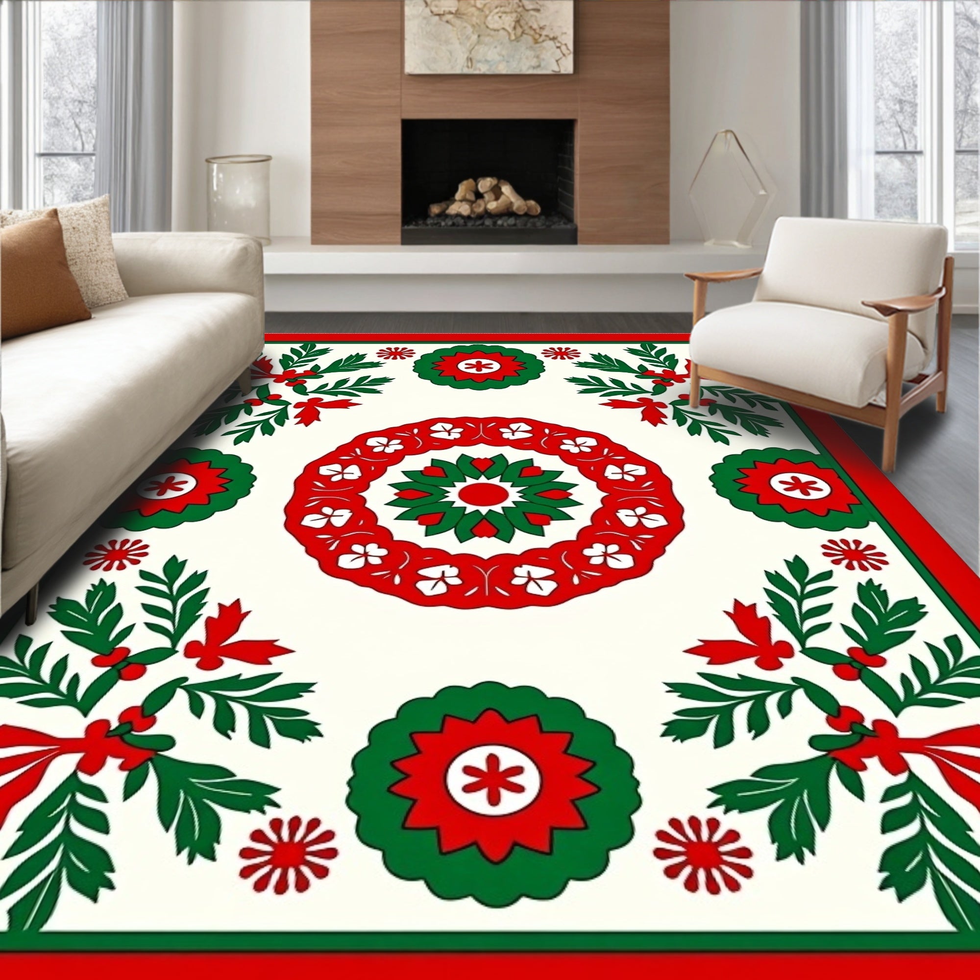 Crimson Green Festive Floral Medallion Rug