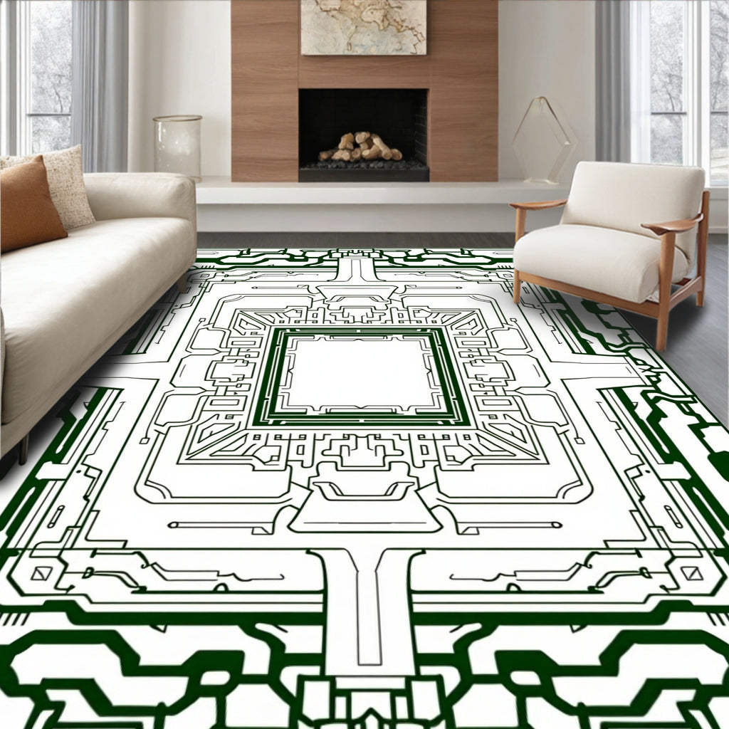 Dark Green Futuristic Circuit Board Rug