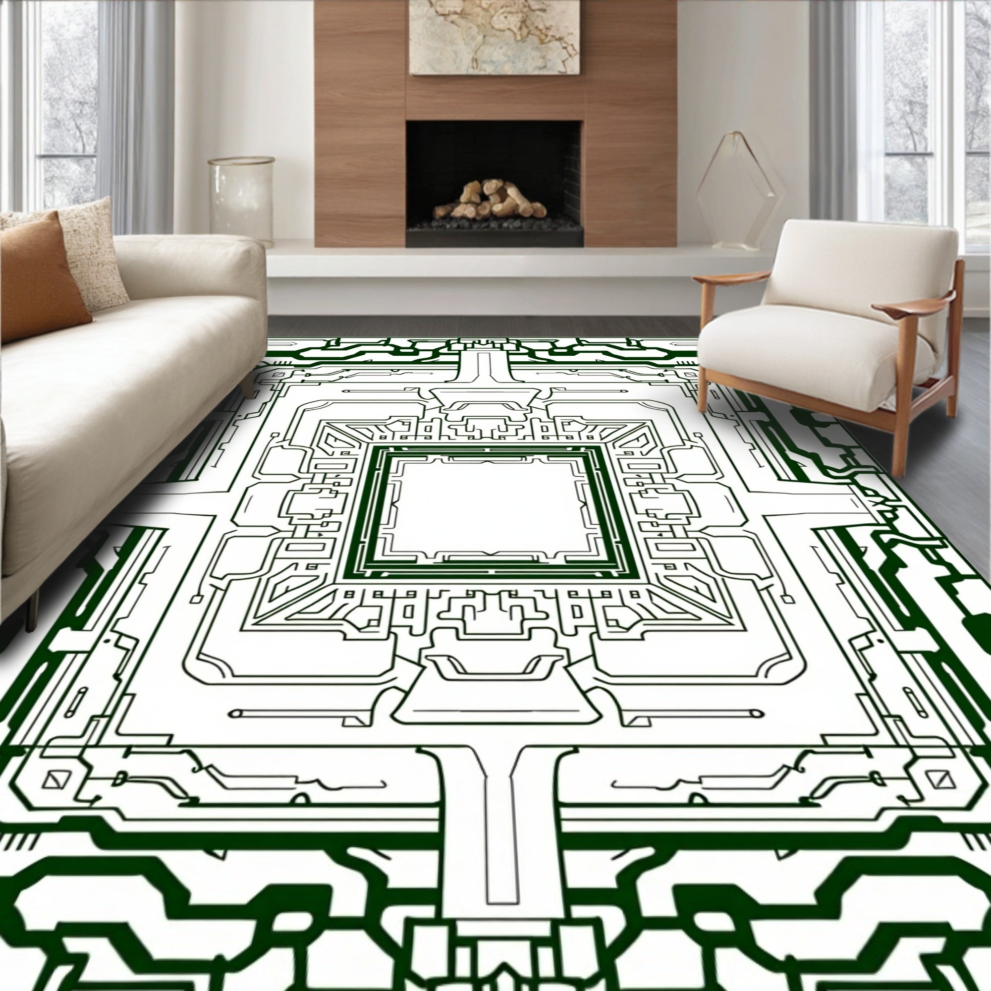 Dark Green Futuristic Circuit Board Rug