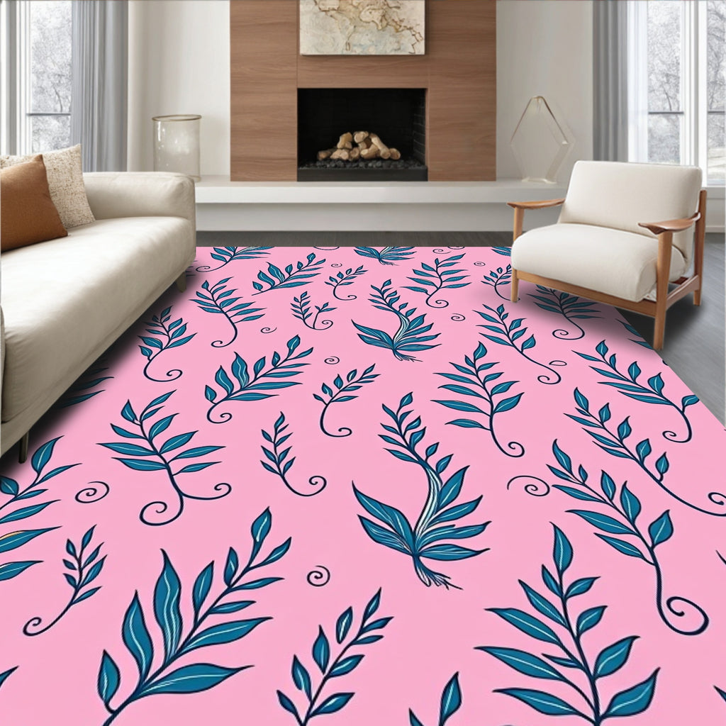 Teal Leafy Branches on Pink Rug