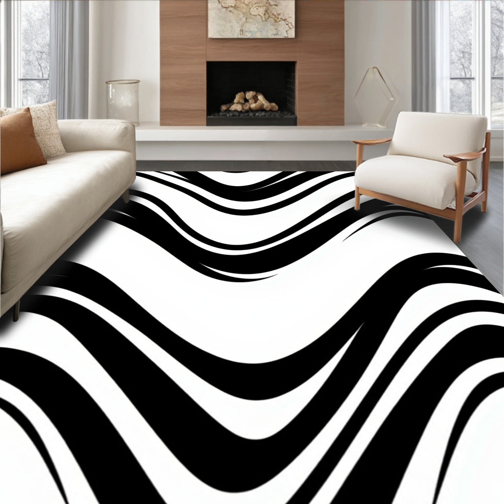 Monochrome Flowing Curving Lines Rug