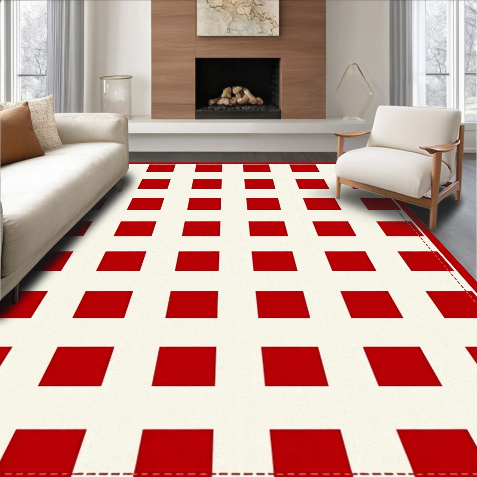 Classic Red White Gingham Check Rug