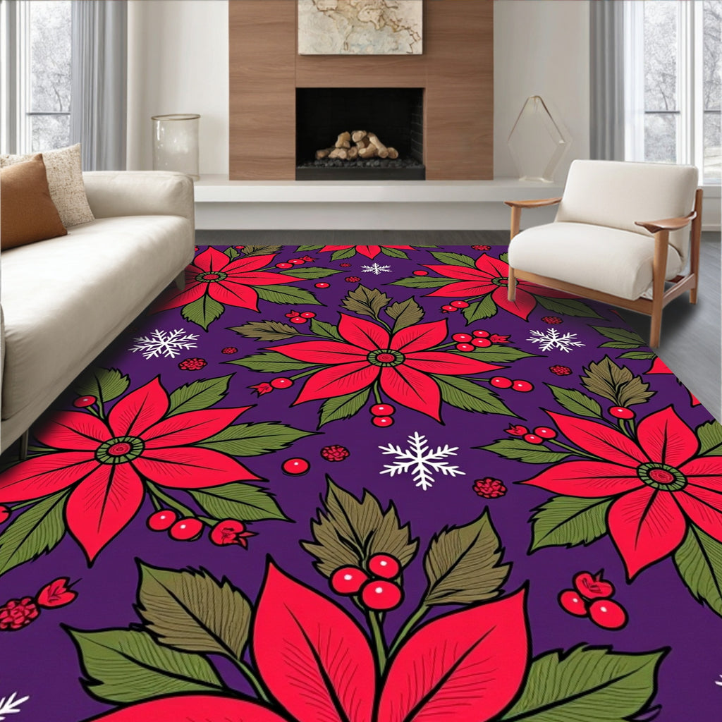 Vibrant Red Poinsettia Snowflakes Purple Rug