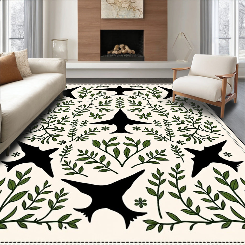 Black Bird Garden Foliage Cream Rug