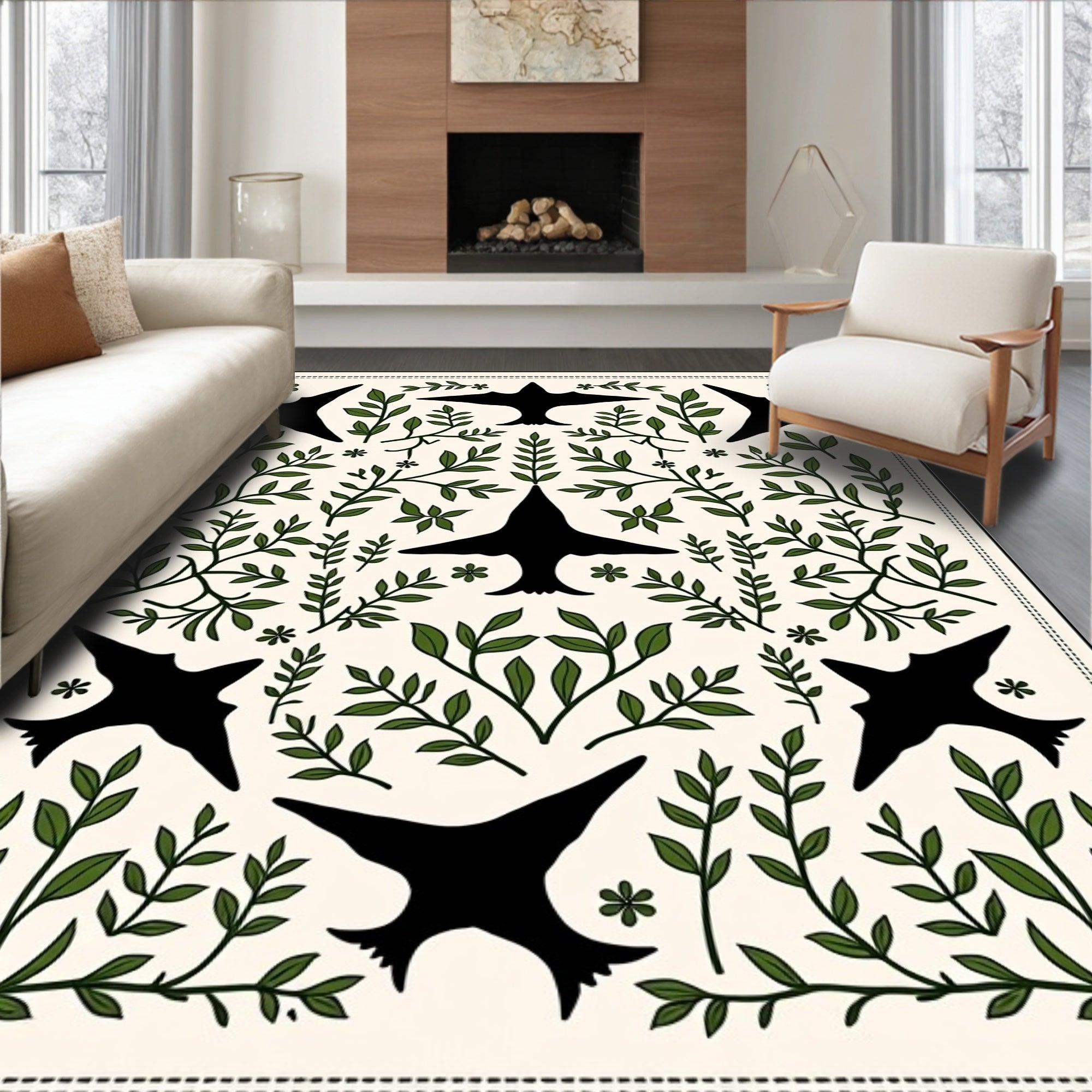 Black Bird Garden Foliage Cream Rug