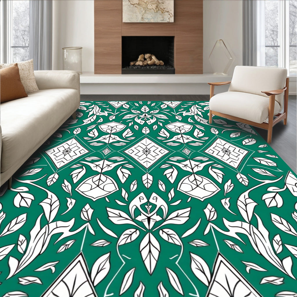 Emerald Green White Art Nouveau Foliage Rug