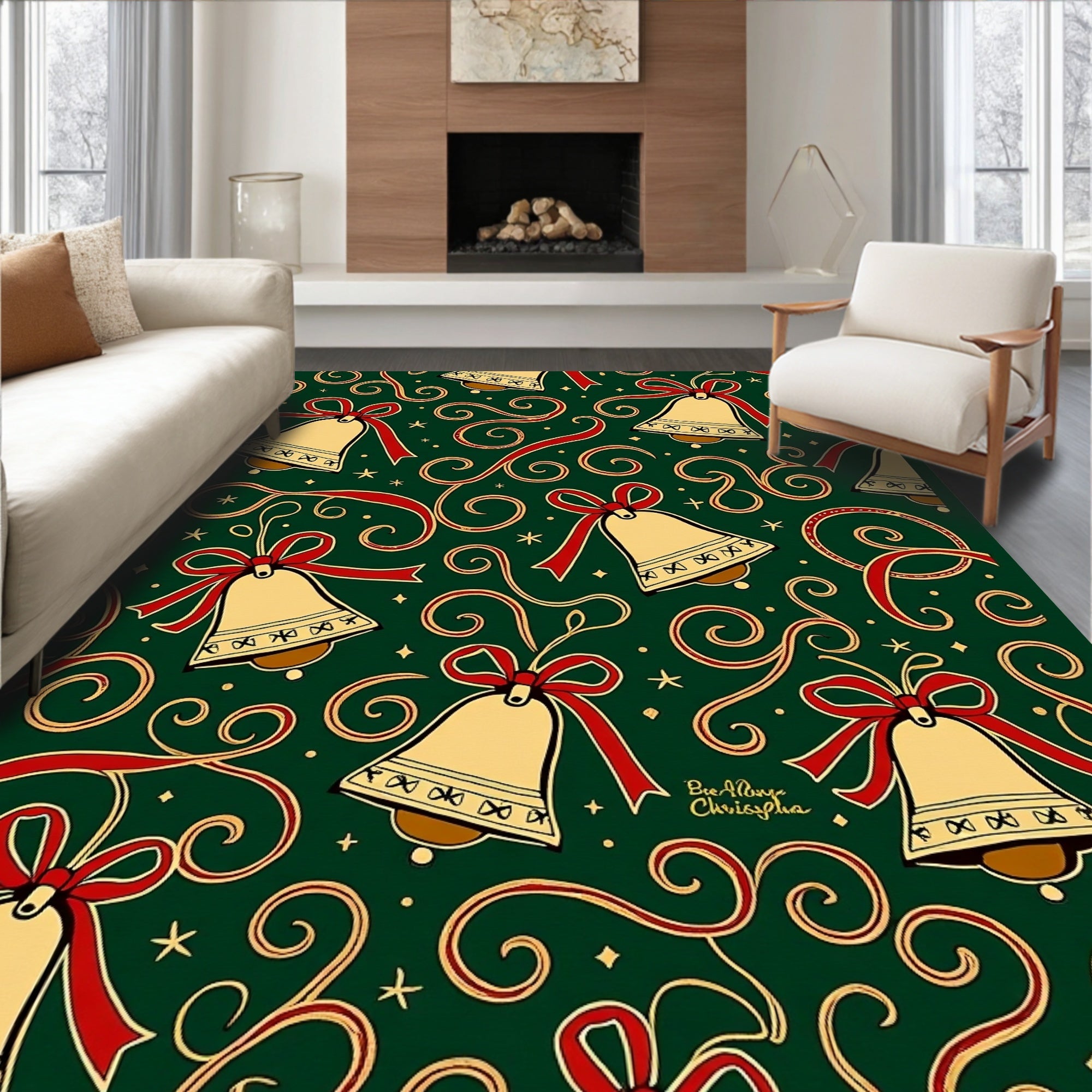 Festive Gold Bells Red Ribbons Swirls Rug