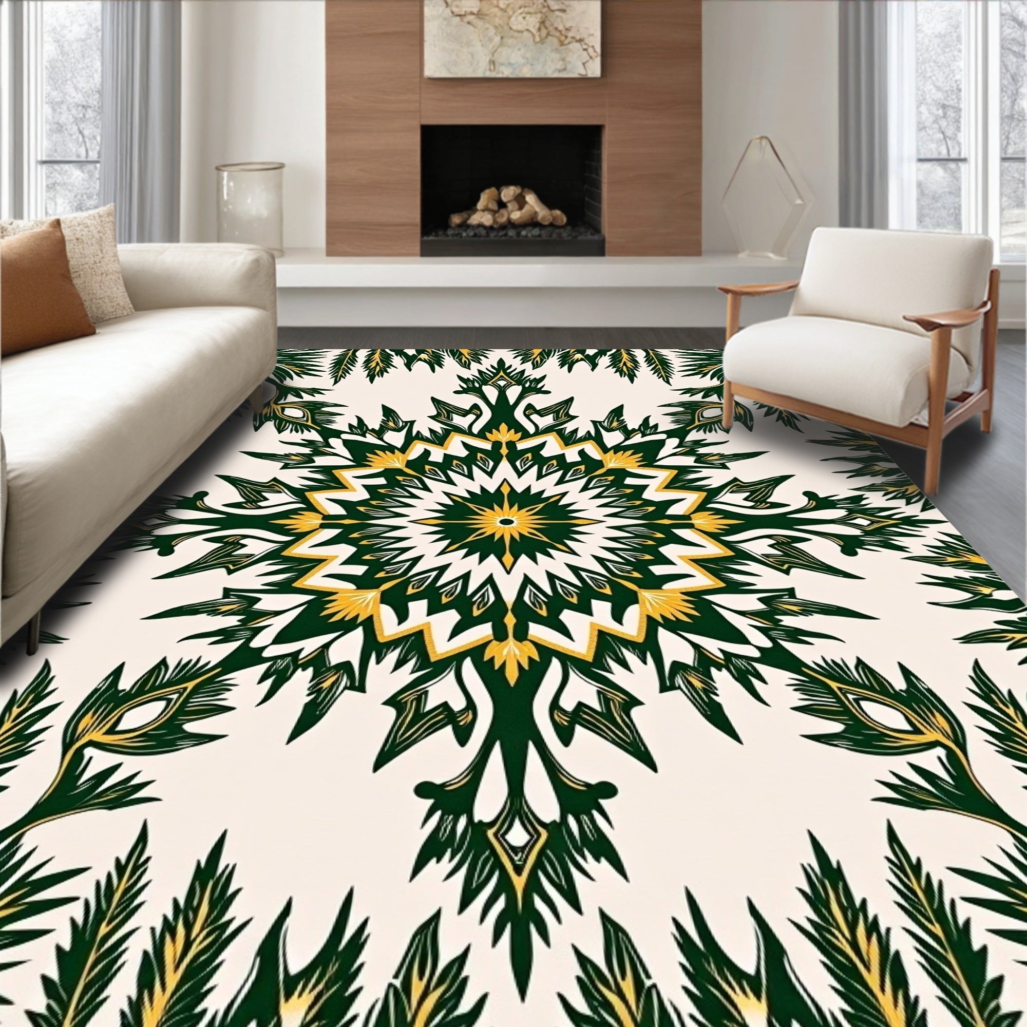 Dark Green Golden Starburst Mandala Rug