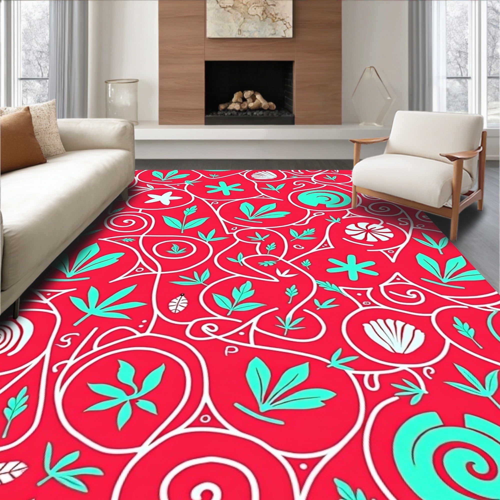 Whimsical Coral Tropical Vine Rug