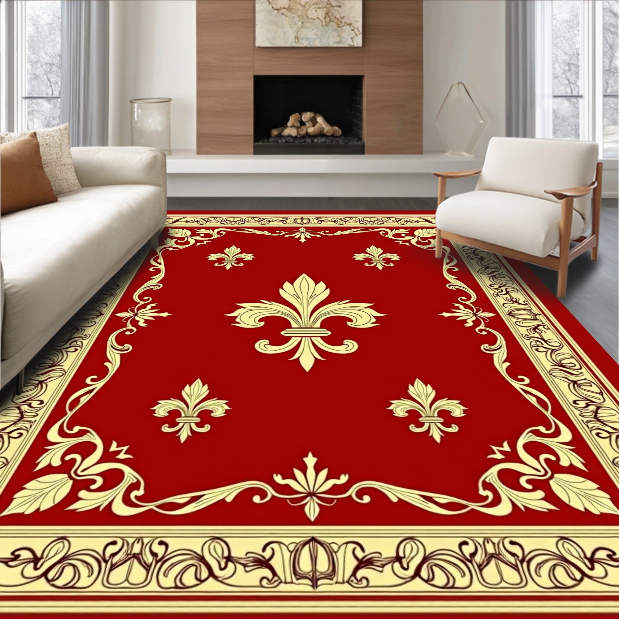 Red Cream Royal Fleur-de-lis Frame Rug