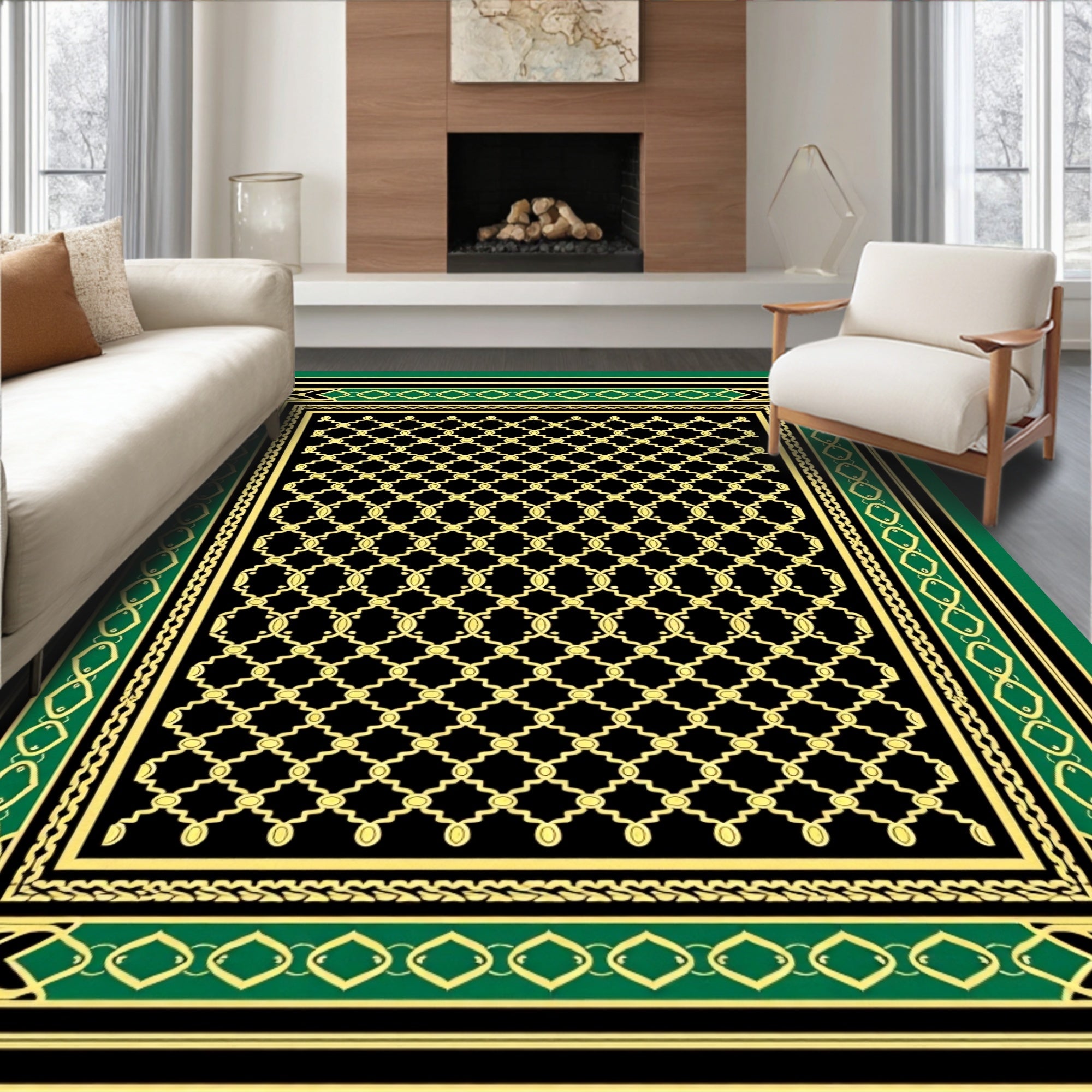 Black and Gold Geometric Trellis Rug