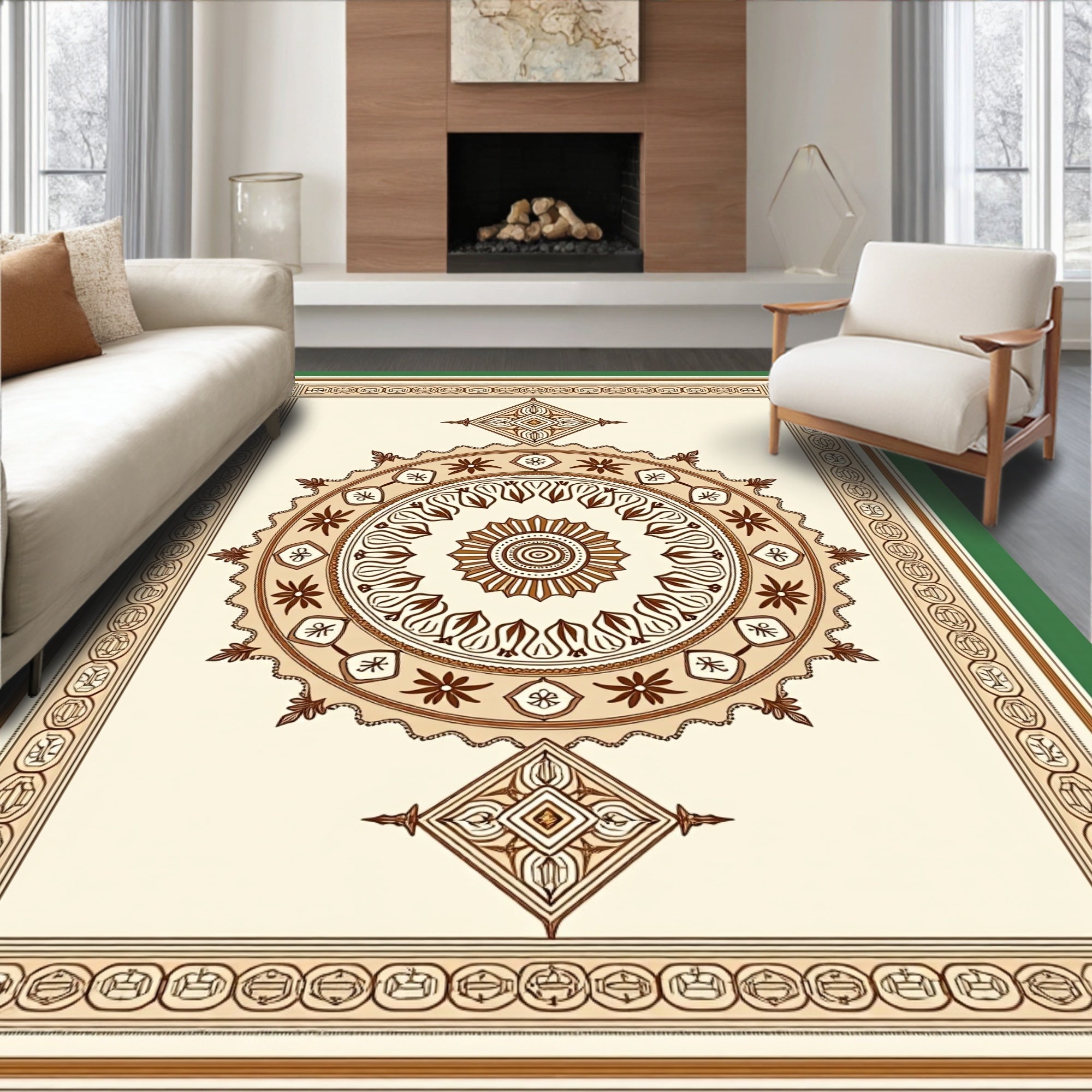 Earthy Cream Brown Mandala Border Rug