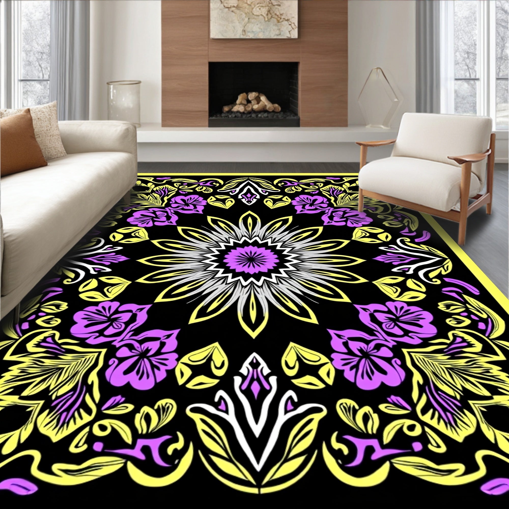Vibrant Pink Yellow Floral Sunburst Rug