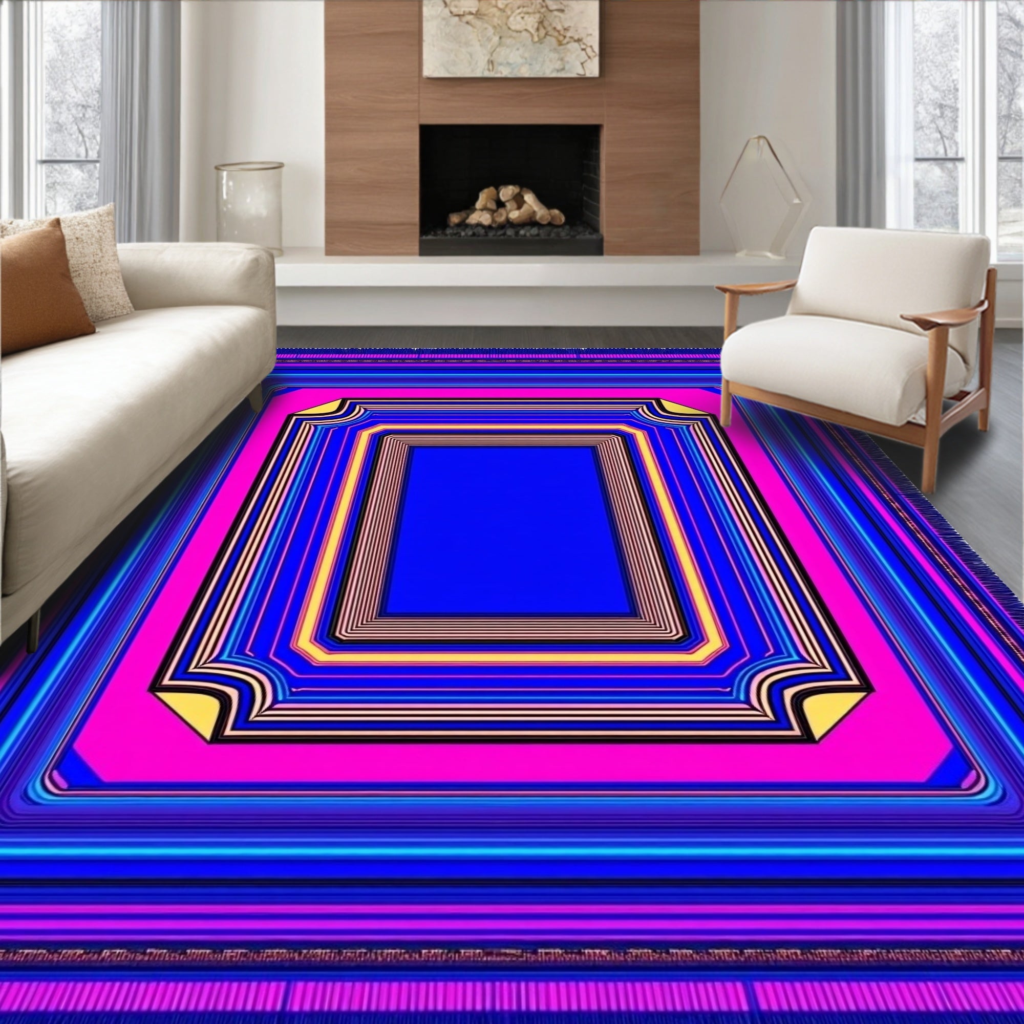 Bold Neon Geometric Layered Frame Rug