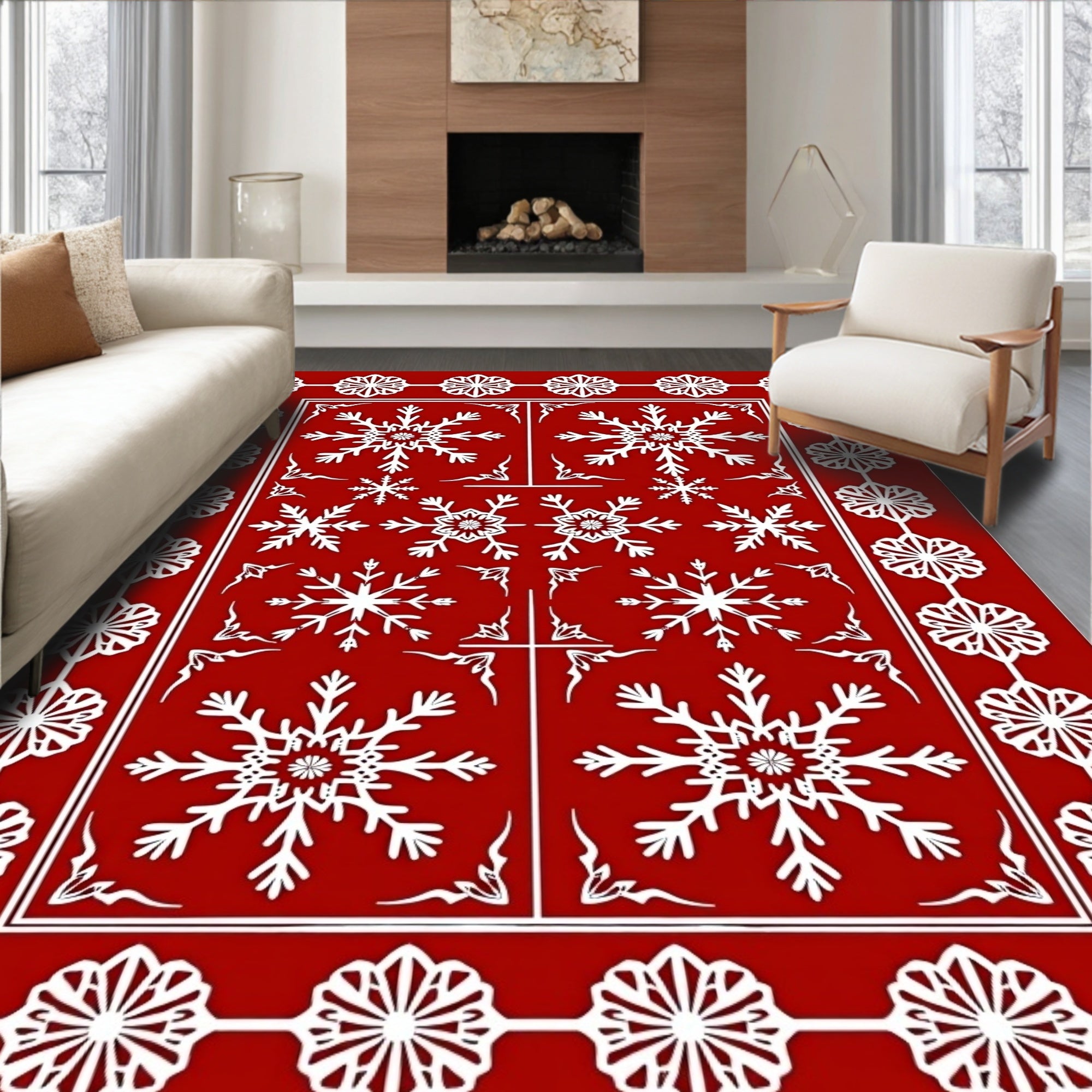 Crimson White Snowflake Border Rug