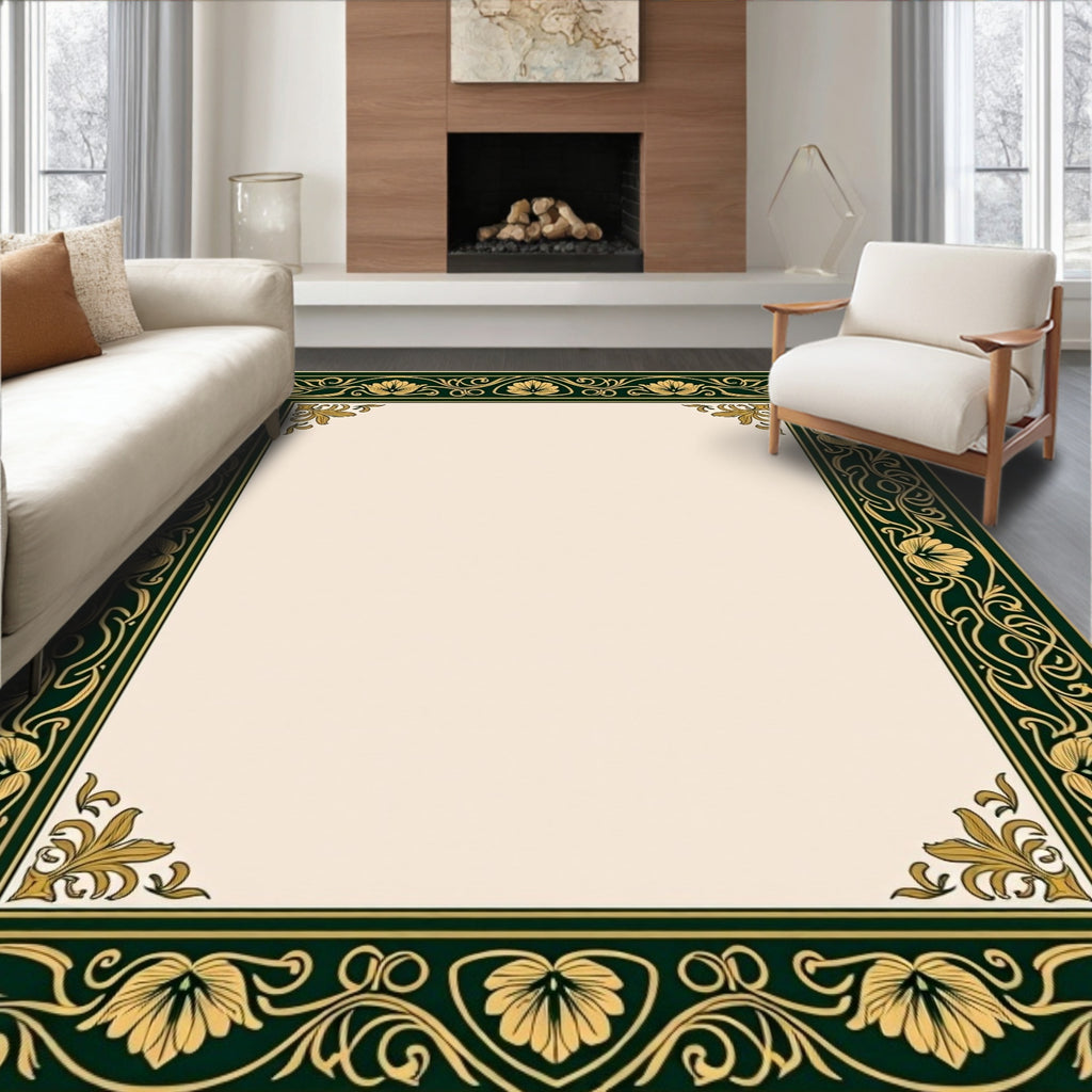 Emerald Green Golden Floral Border Rug