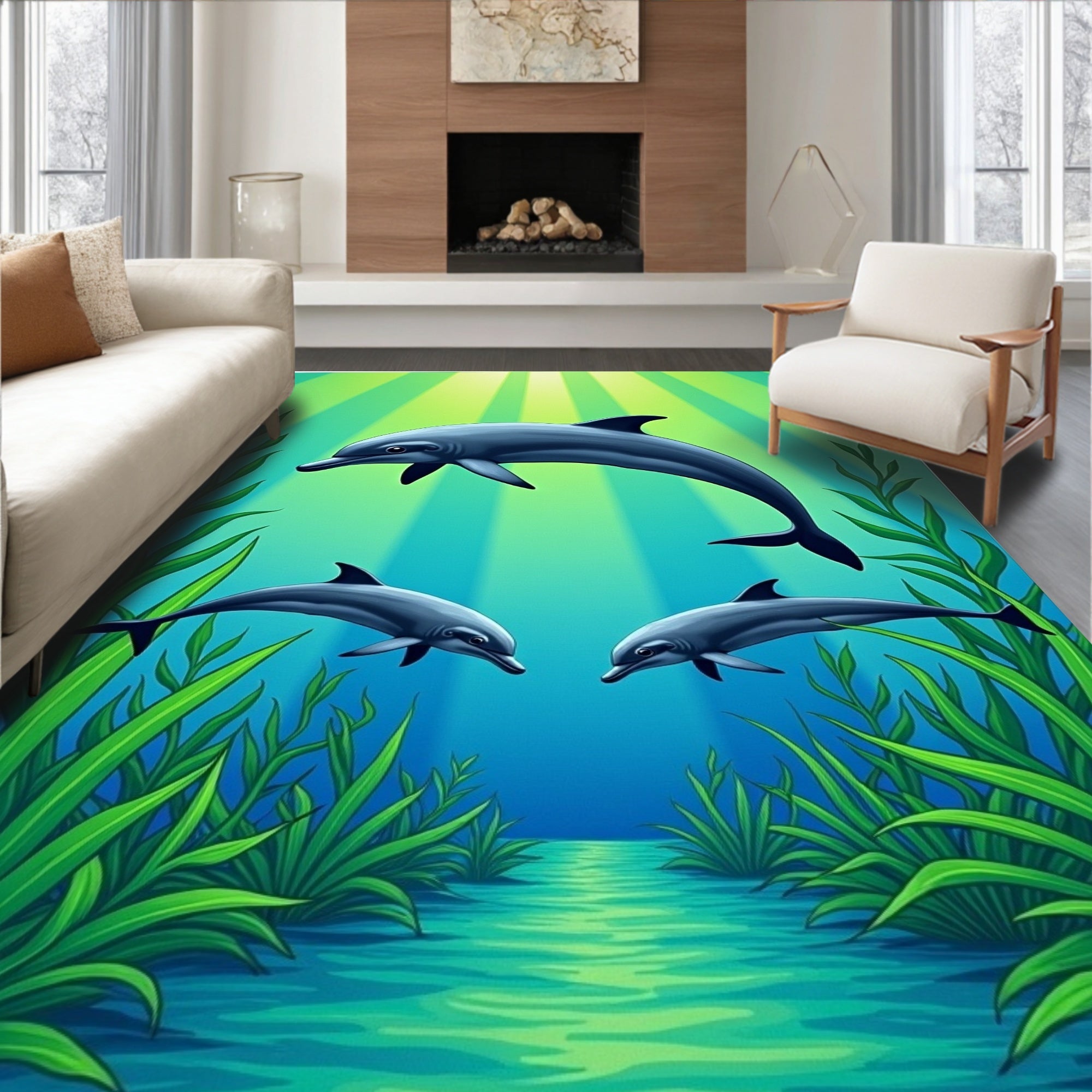 Three Dolphins Under Sunlit Ocean Waves Rug