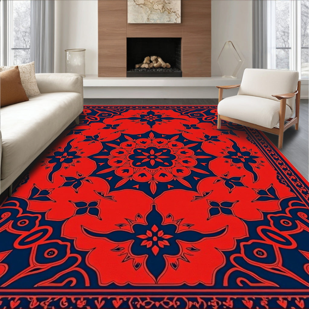 Deep Blue Crimson Floral Mandala Rug